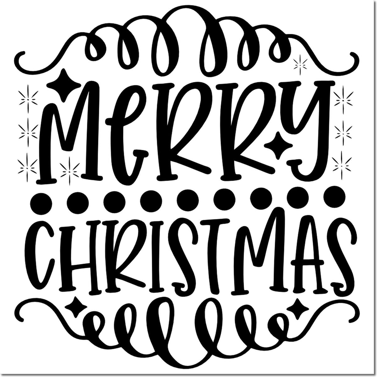 Decorative Merry Christmas rubber stamp design with swirls, stars, and bold black holiday lettering.