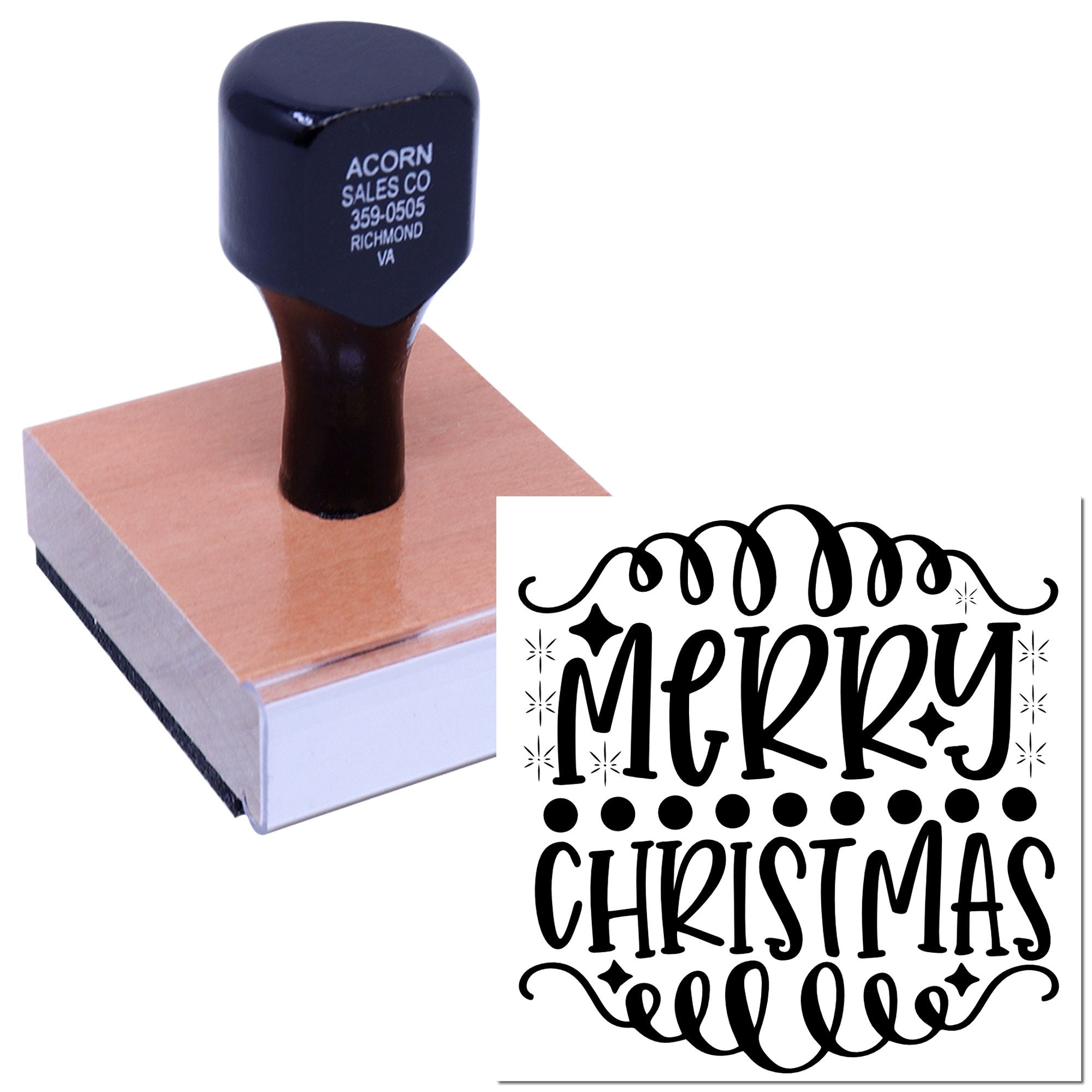 Custom Merry Christmas rubber stamp with decorative holiday script for cards, crafts, and gift packaging