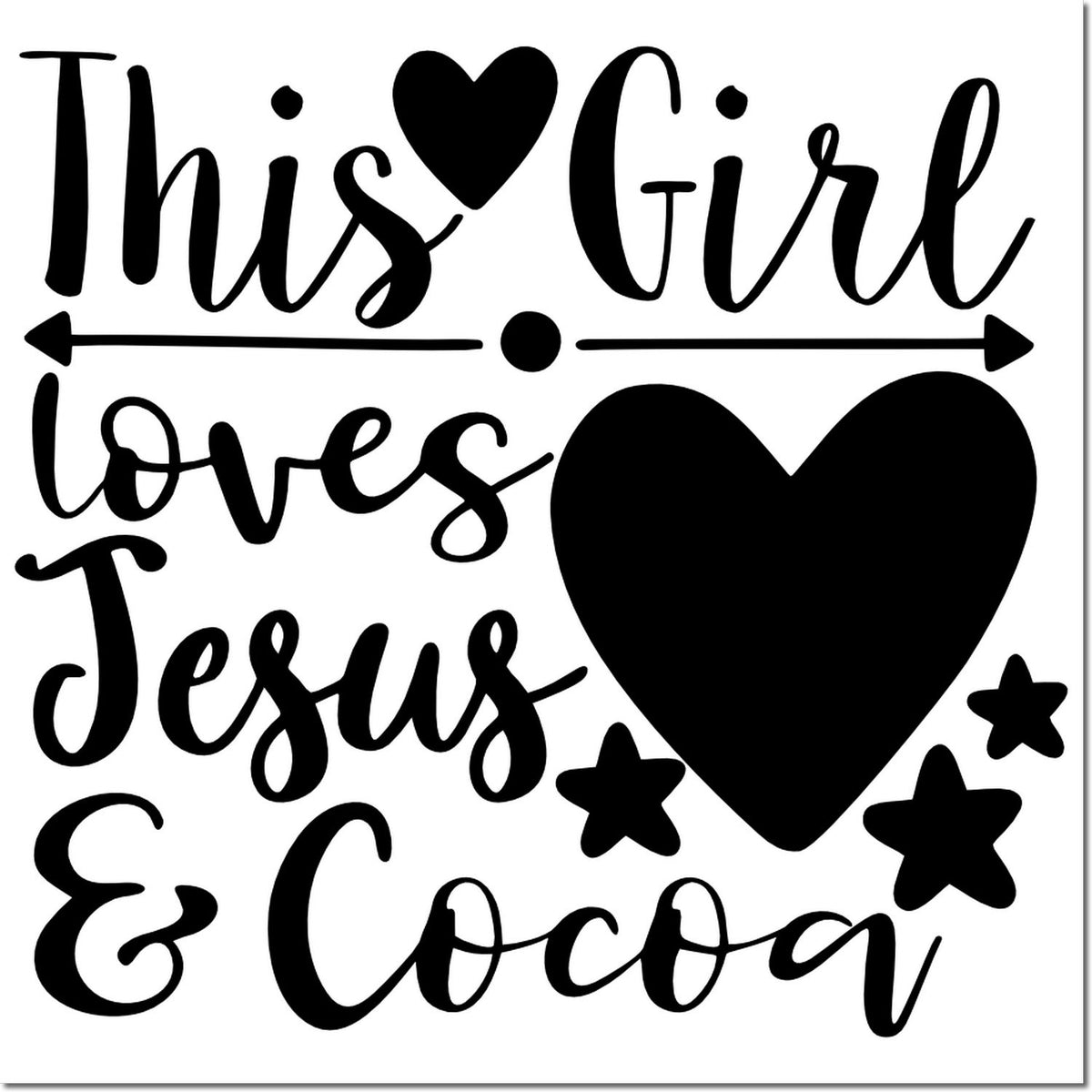 This Girl Loves Jesus & Cocoa rubber stamp design with heart and stars for faith-inspired crafts.