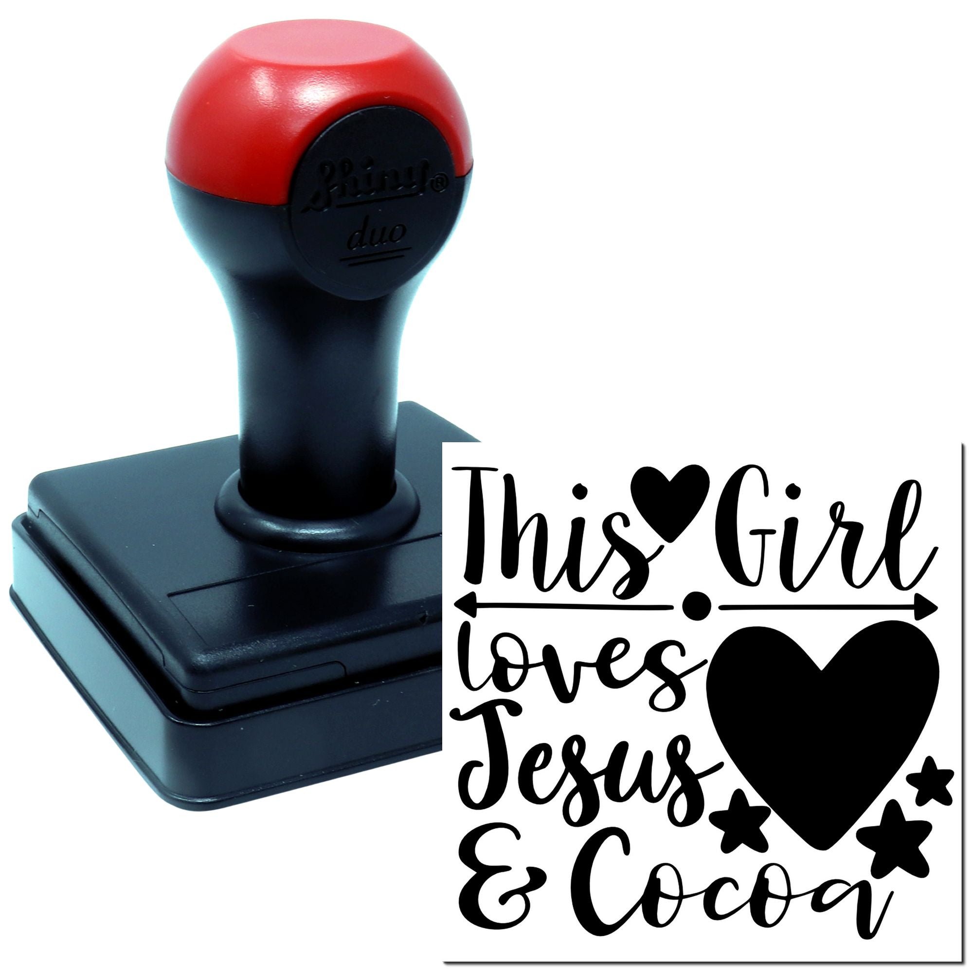 Self-inking rubber stamp with This Girl Loves Jesus & Cocoa design, featuring heart and stars for custom crafting and gifts.