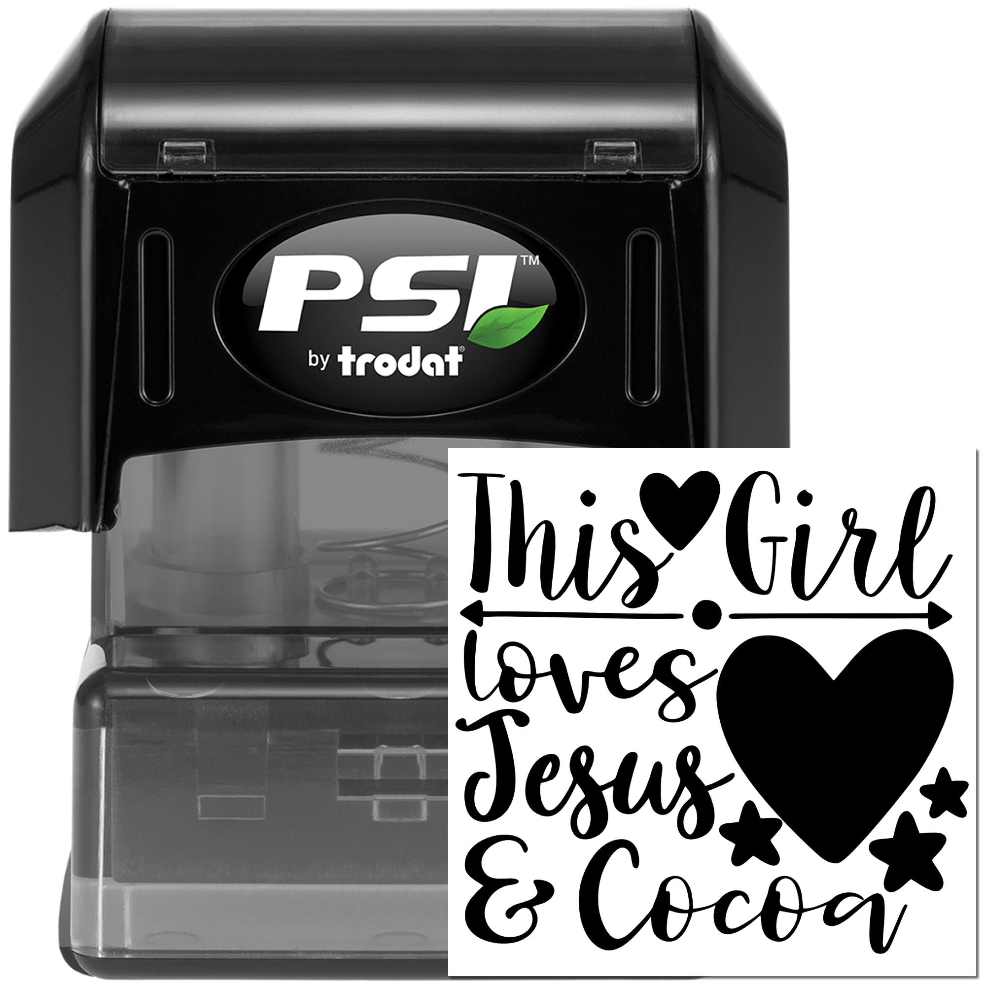 Self-inking PSI by Trodat rubber stamp with custom This Girl Loves Jesus & Cocoa imprint for personalized faith-based stamping.