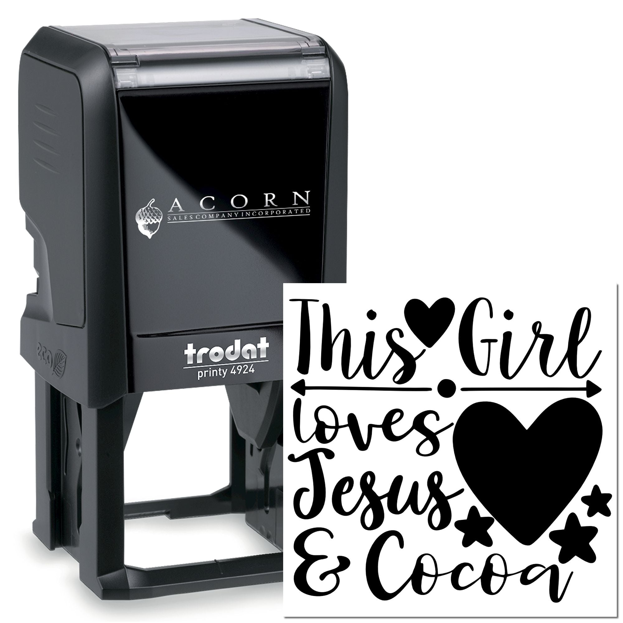 Custom self-inking rubber stamp with This Girl Loves Jesus & Cocoa design for faith-based personalized crafting and labeling.
