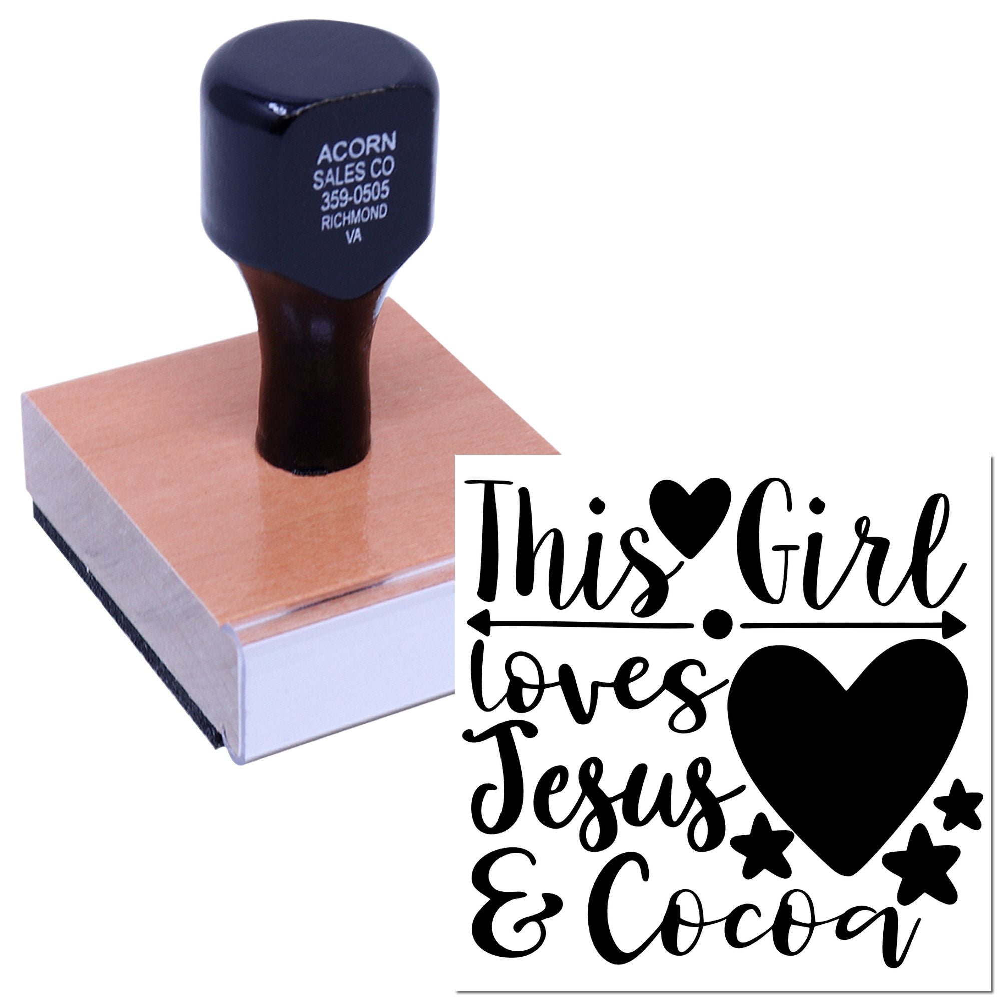 Christian rubber stamp design reading This Girl Loves Jesus & Cocoa, ideal for faith-based crafts, gifts, and custom stamping.
