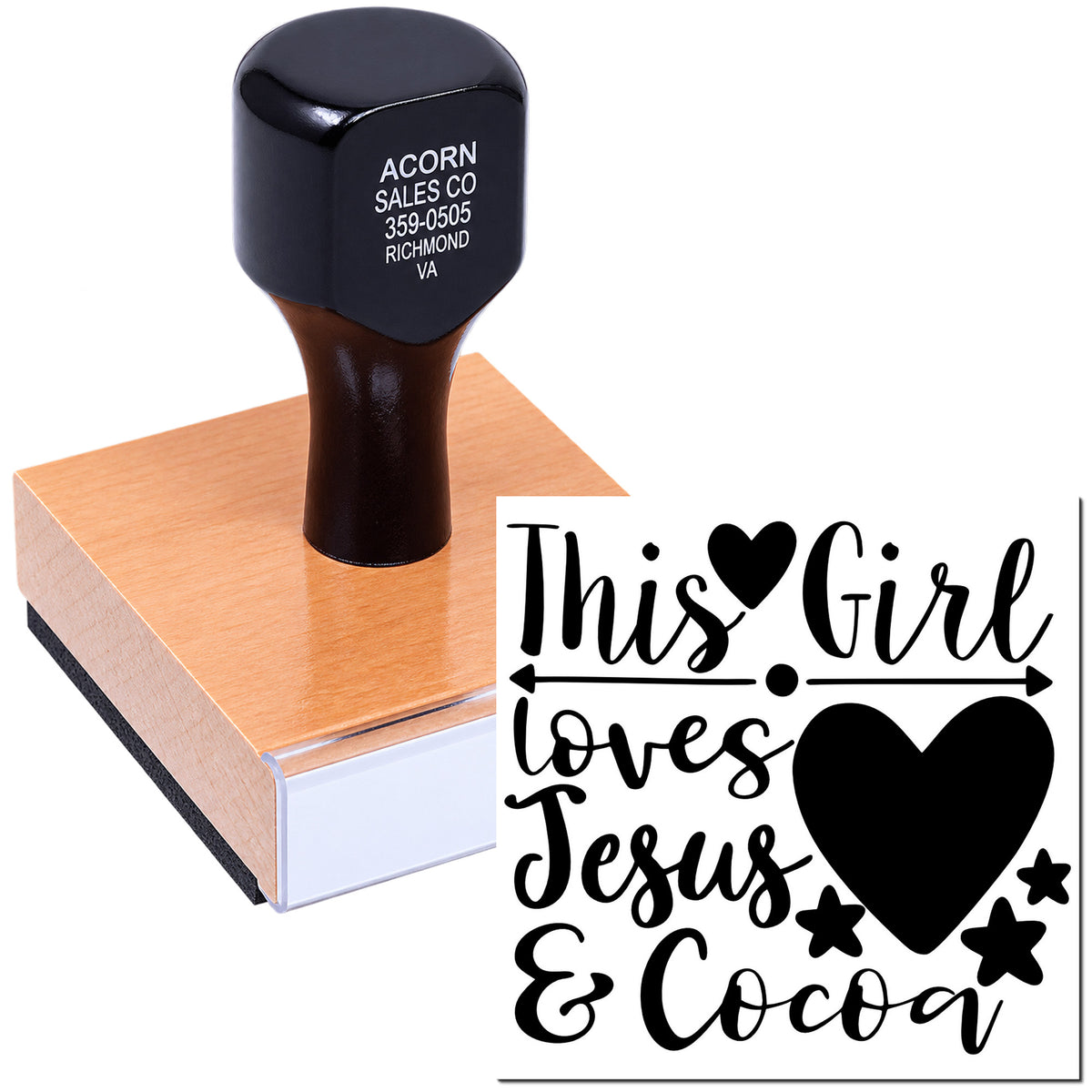 Christian rubber stamp design reading This Girl Loves Jesus & Cocoa, ideal for faith-based crafts, gifts, and custom stamping.