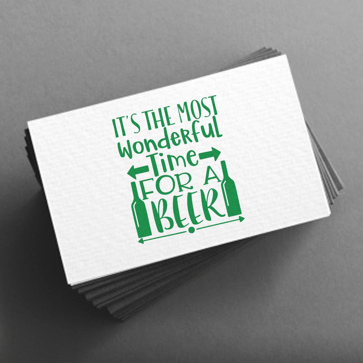 Beer-themed rubber stamp design reading Its the most wonderful time for a beer for holiday cards and gifts.