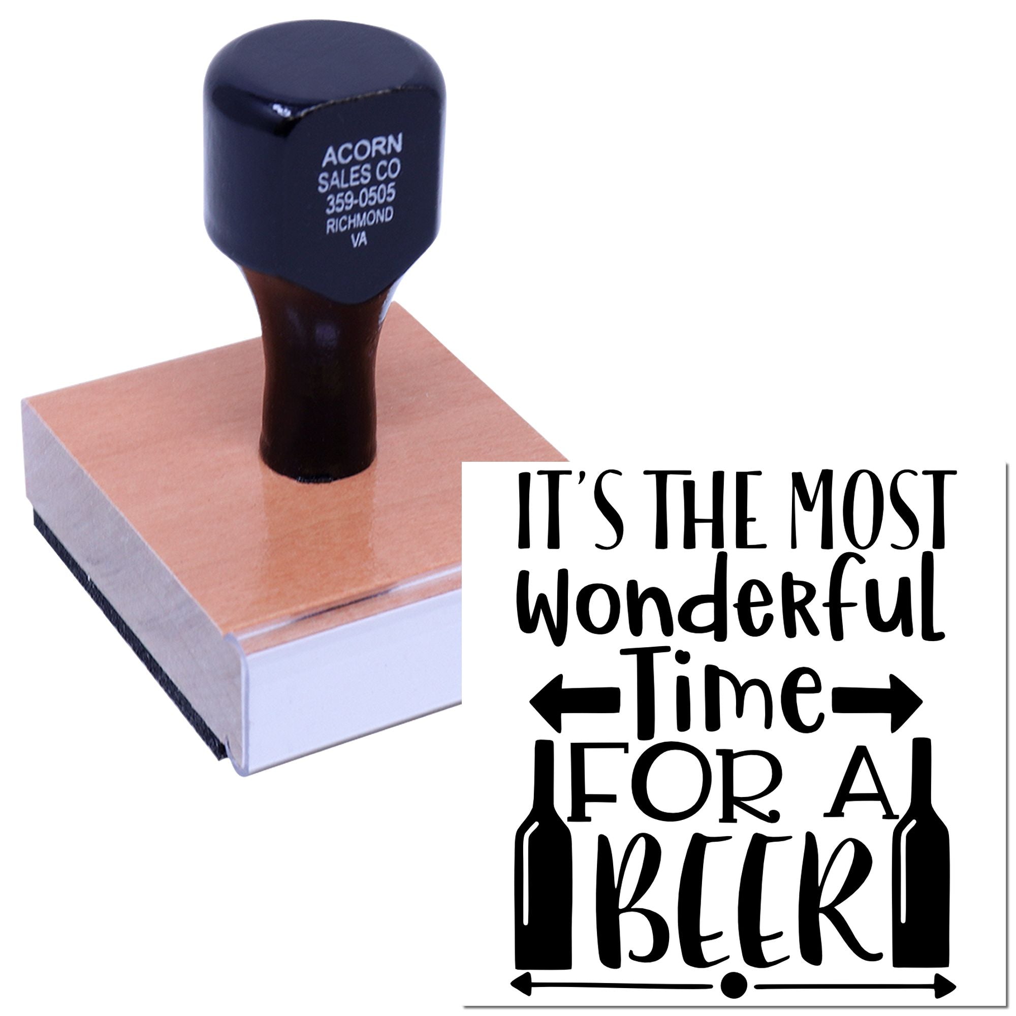 Personalized rubber stamp featuring Its the Most Wonderful Time for a Beer with beer bottle graphics on a wood block.