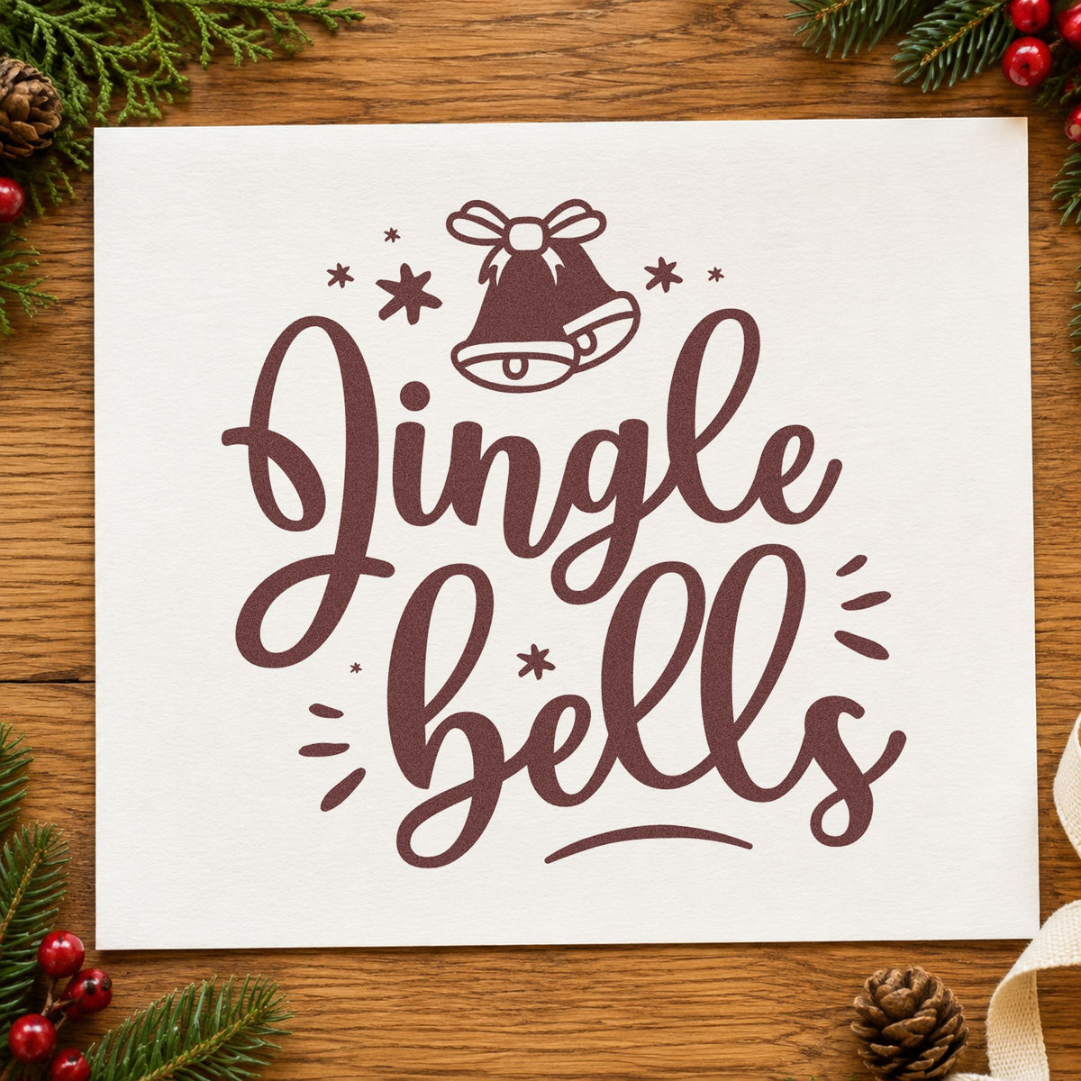 Jingle Bells Bow Bell rubber stamp printed in brown ink, ready for craft count sheet and similar paper crafts.