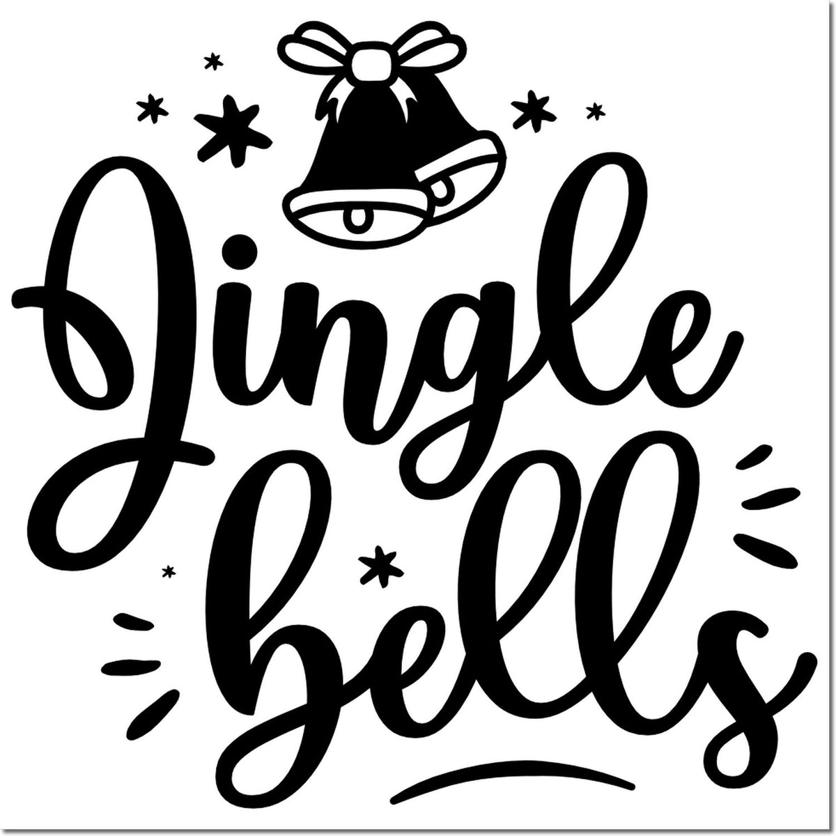 Festive Christmas rubber stamp design with Jingle Bells lettering, bells, and holiday star accents