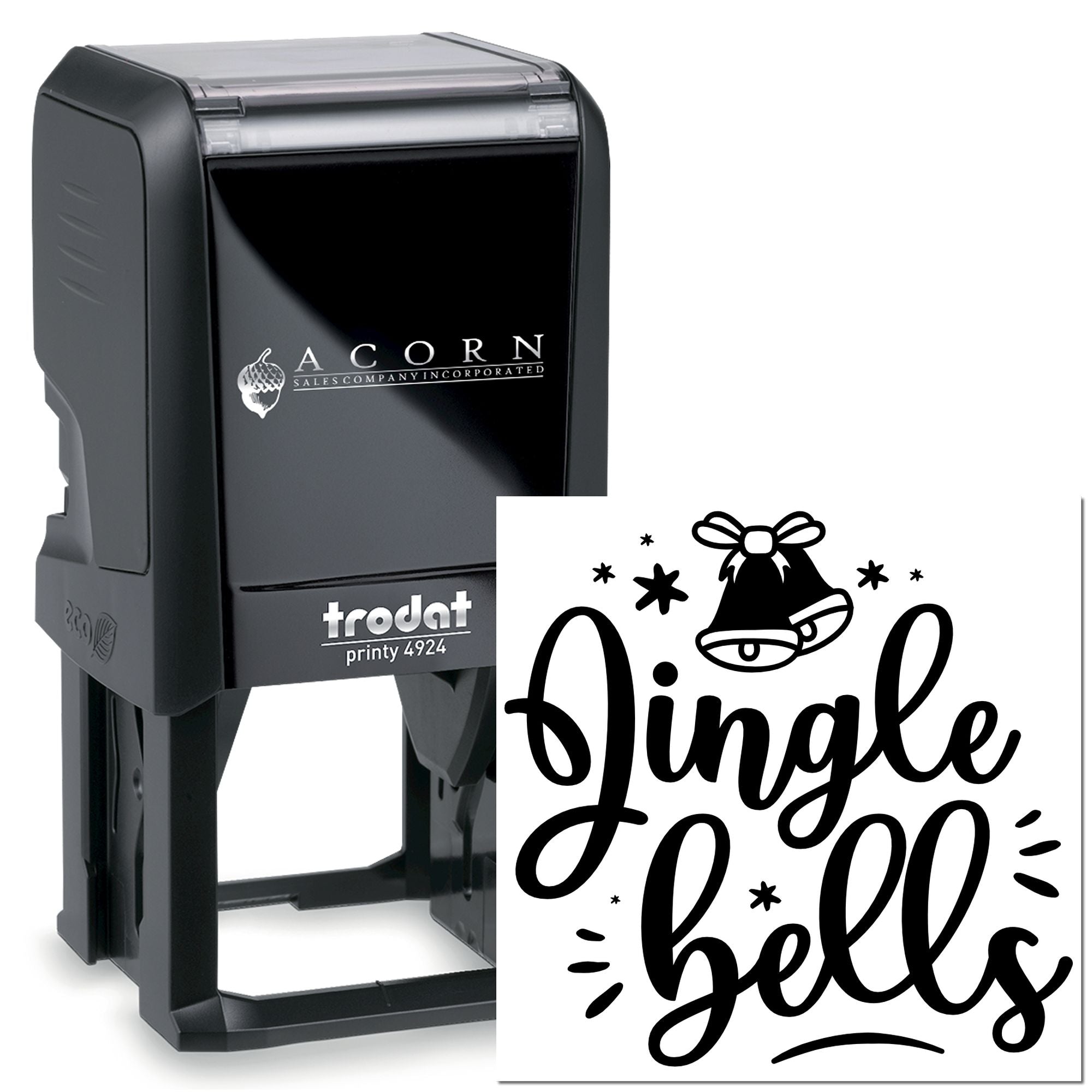 Custom self-inking rubber stamp with Jingle Bells holiday design, Trodat Printy 4924, for festive card making.