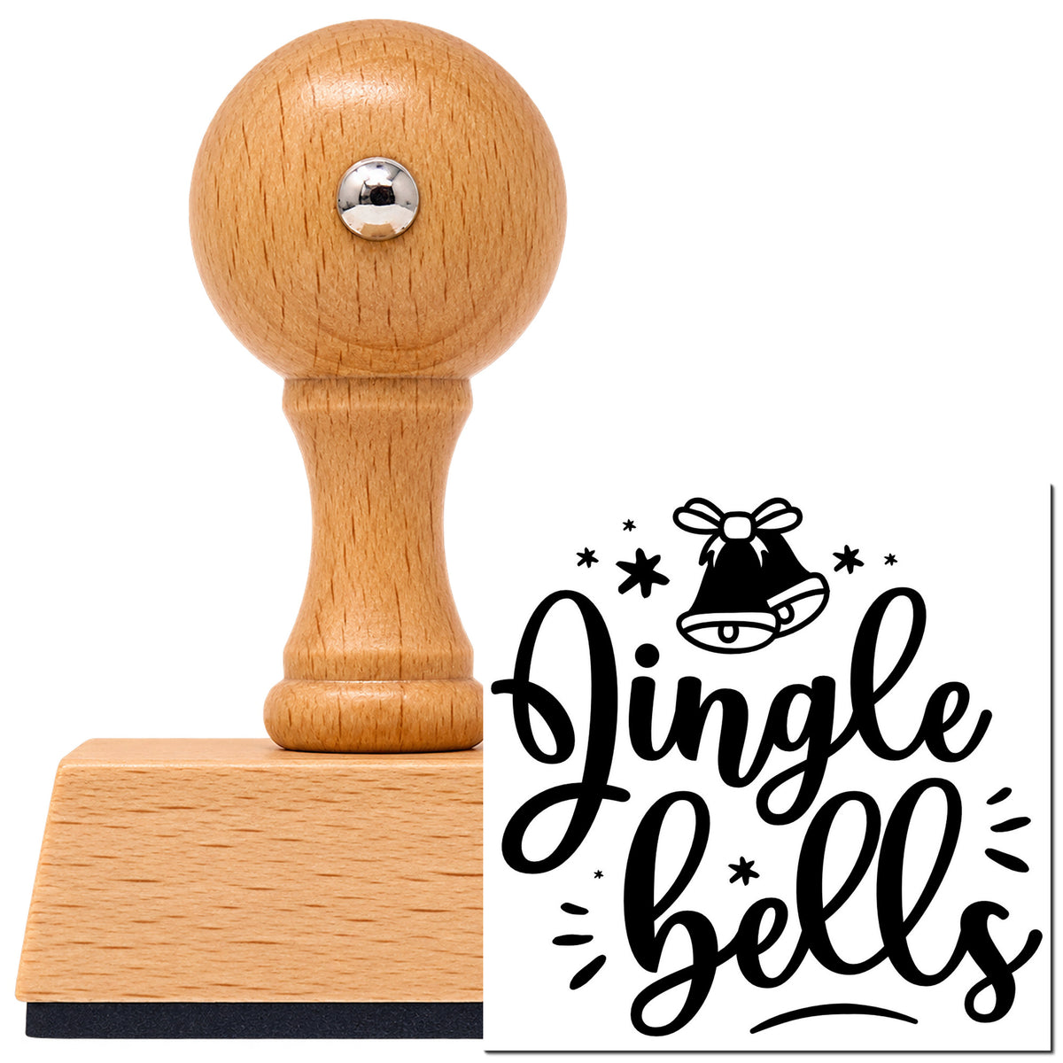 Jingle Bells Bow Bell Vintage Pro rubber stamp in European beech wood with a round knob handle, shown beside its black imprint.