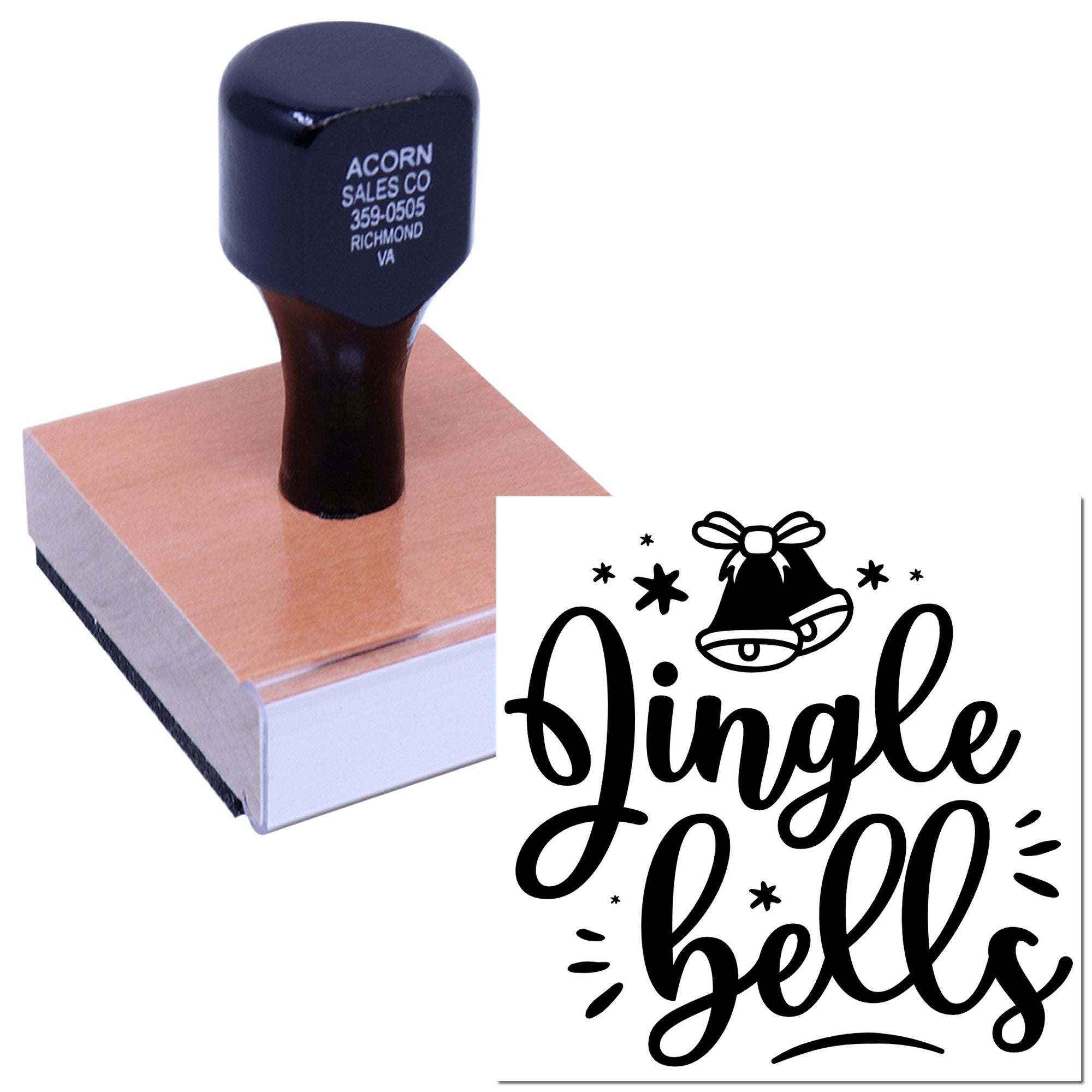 Custom Jingle Bells rubber stamp for holiday cards, featuring festive bell artwork and decorative script.