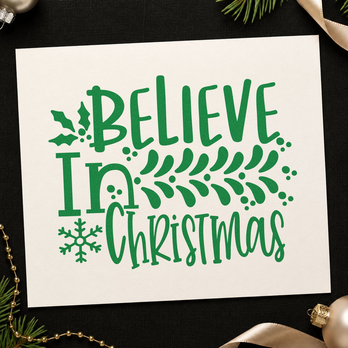Believe In Christmas Branch Leaf Accents Rubber Stamp – Duo Hand in use 8