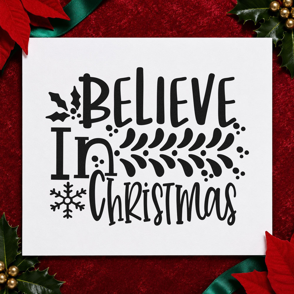Believe In Christmas Branch Leaf Accents Rubber Stamp – Duo Hand in use 9