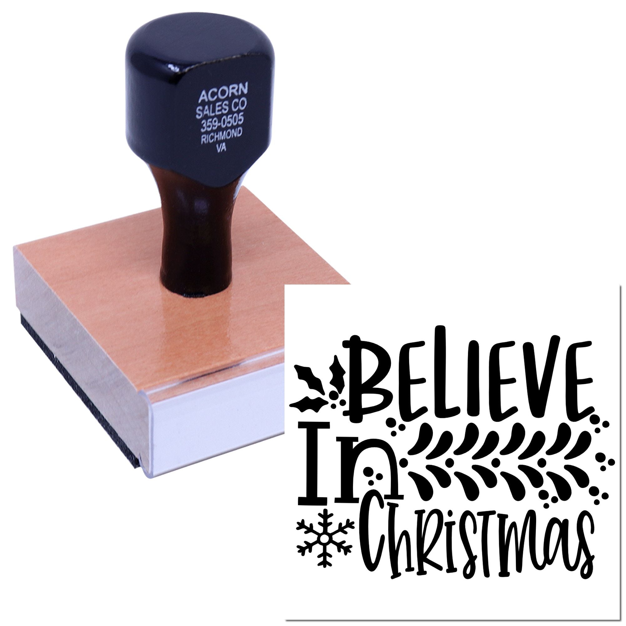 Wood-mounted Christmas rubber stamp with Believe in Christmas design for holiday cards, crafts, and packaging.