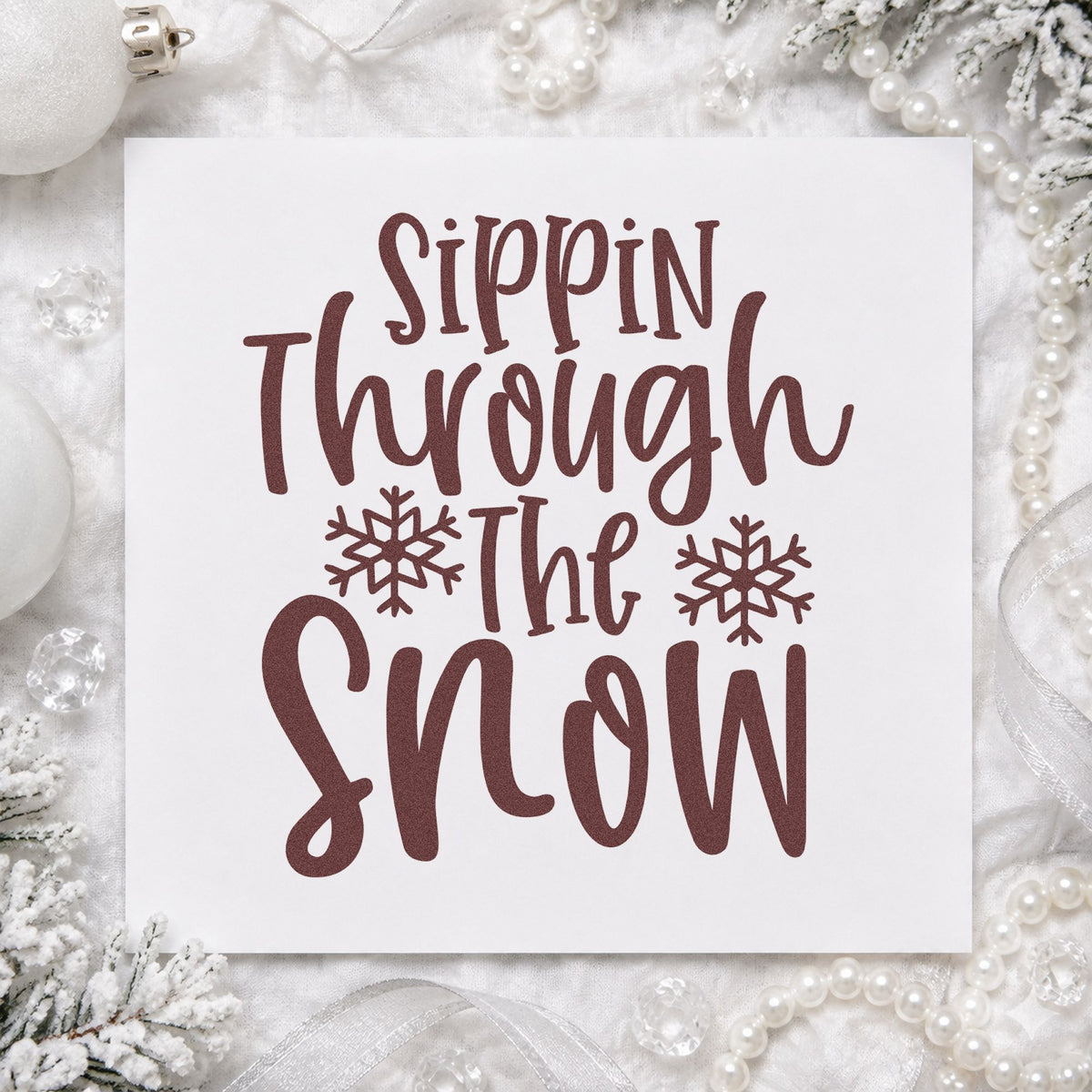 Sippin Through The Snow rubber stamp printed in brown ink, ready for recipe card sheet and similar paper crafts.