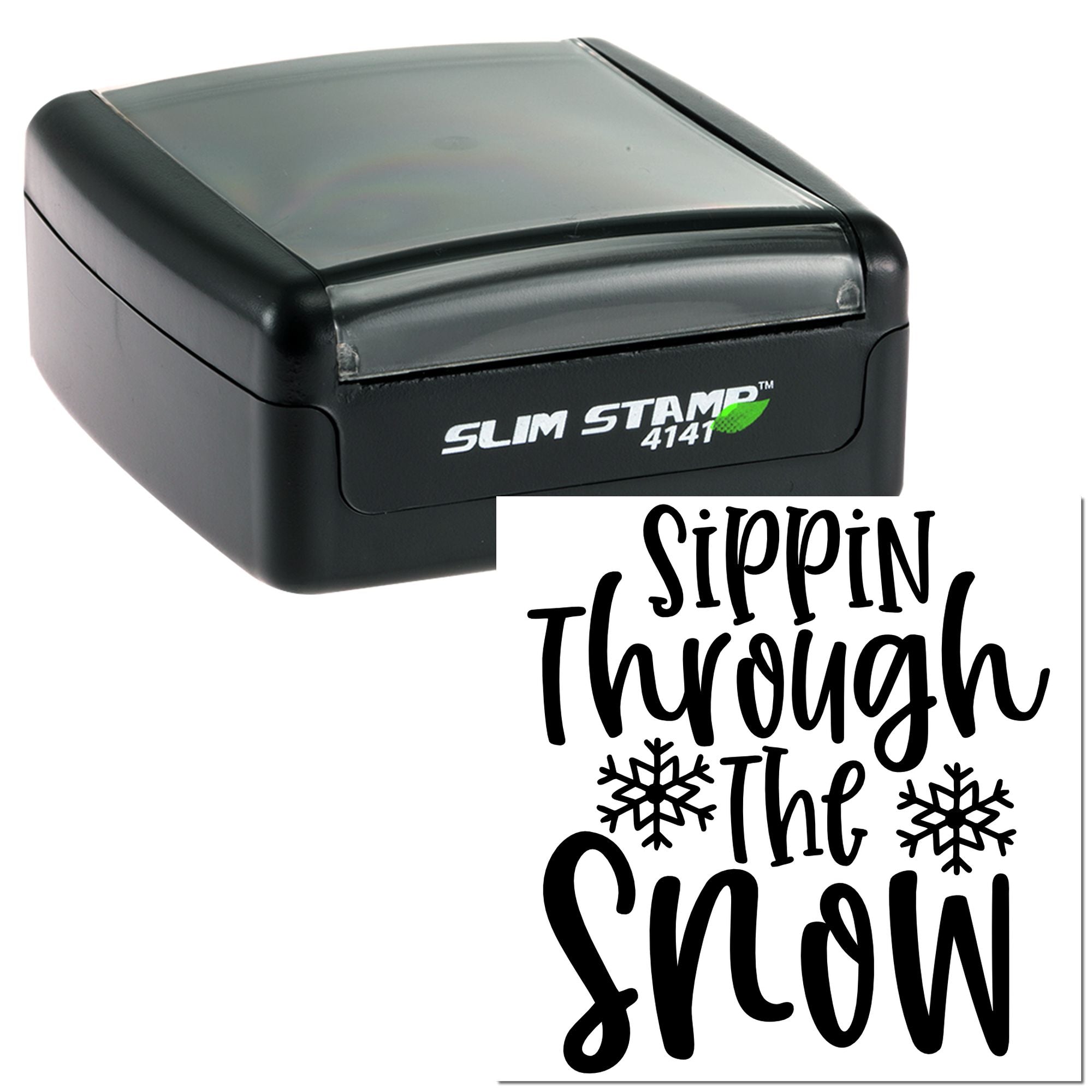Self-inking Slim Stamp 4141 rubber stamp with Sippin Through the Snow holiday design for festive coffee mugs and gifts.
