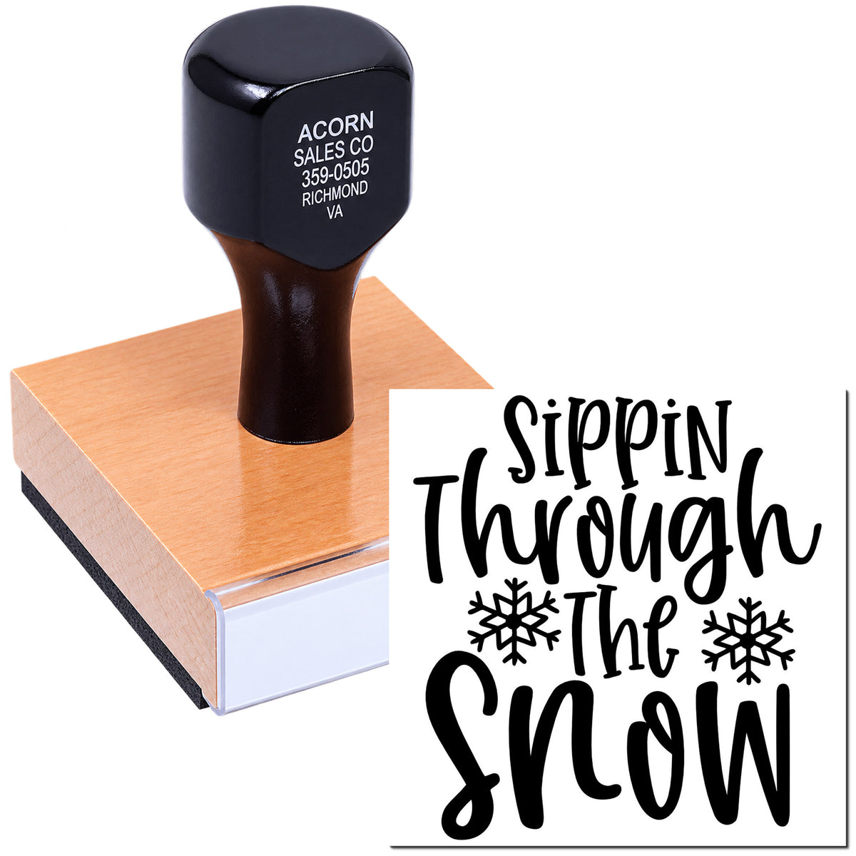 Custom rubber stamp on wooden block with Sippin Through the Snow holiday design and snowflakes for festive crafts.