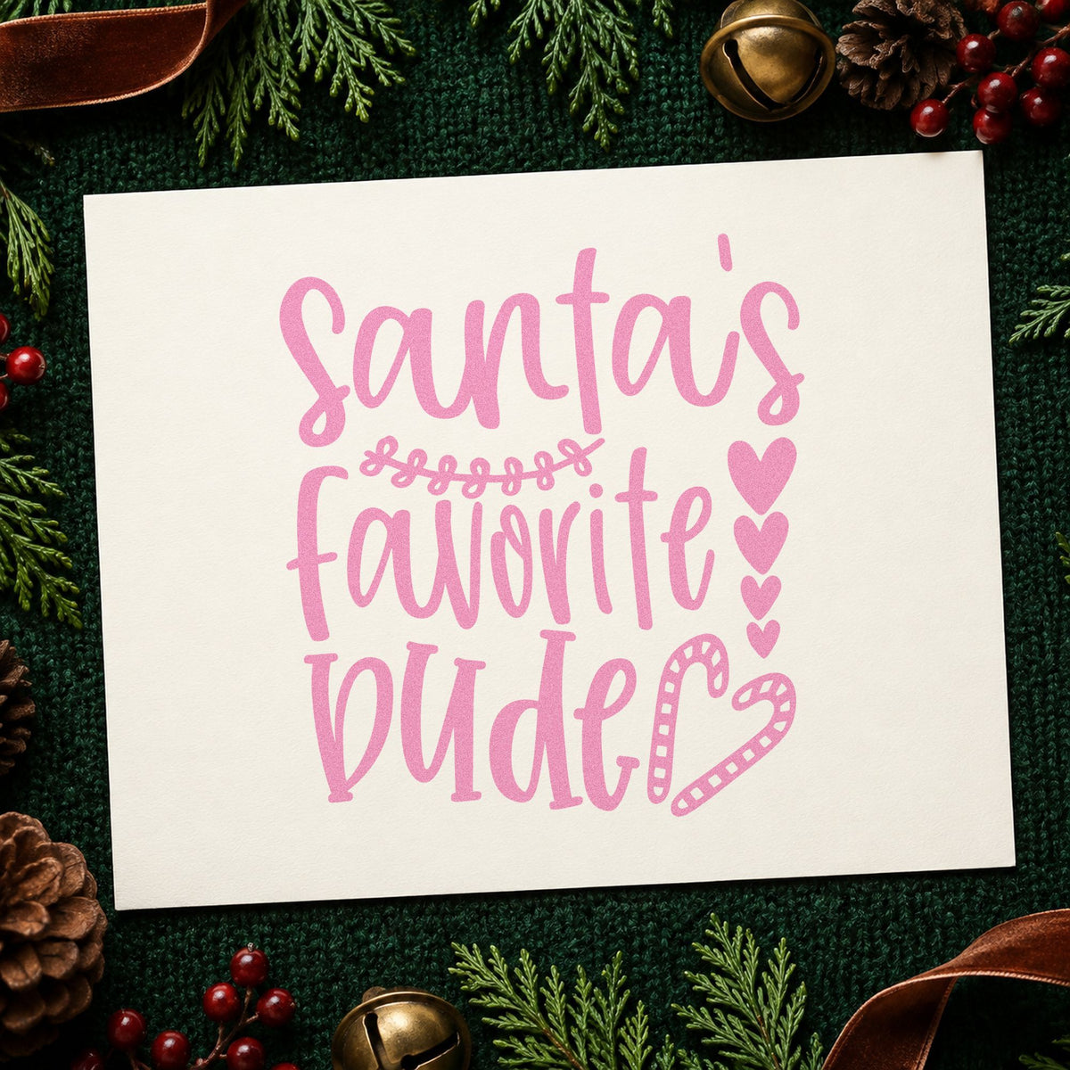 Santa's Favorite Wife Hearts craft stamp in purple ink on cardstock, an easy option for marriage album page.