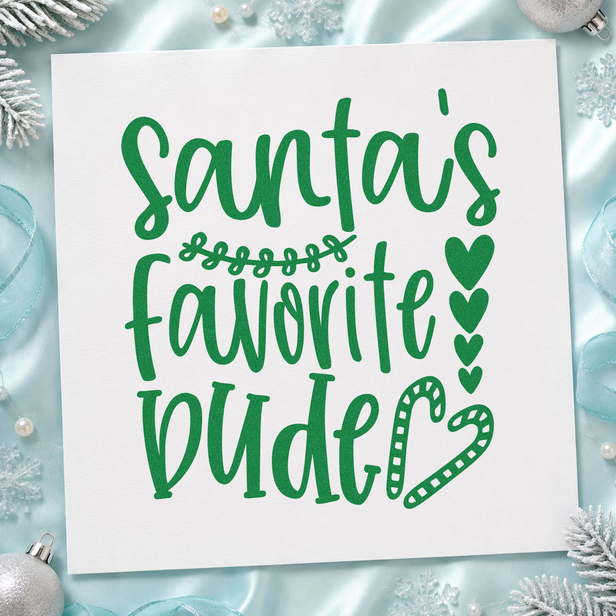 Santa's Favorite Wife Hearts craft stamp imprint in green ink on a handmade project, one idea being spouse gift tags.