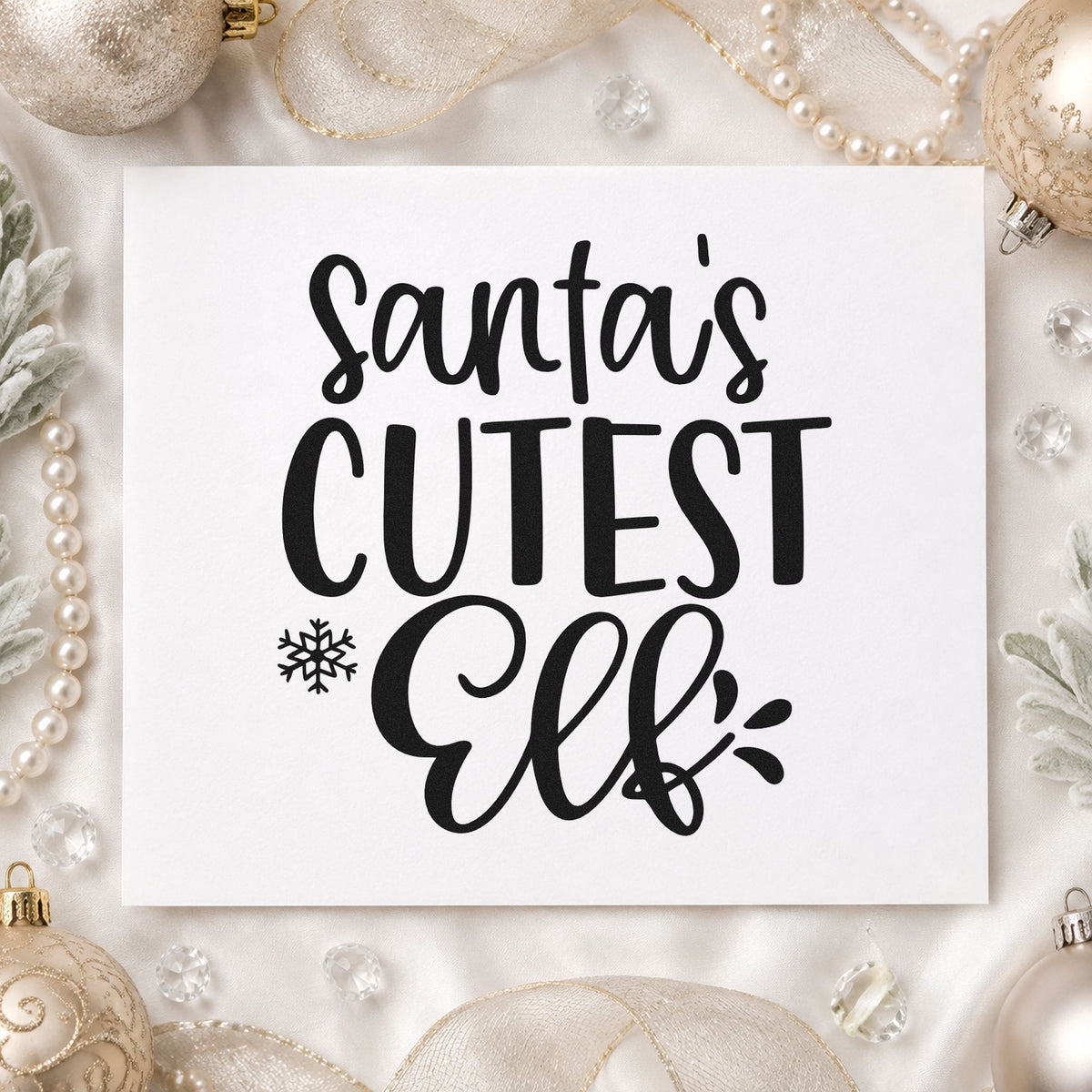 Santa's Cutest Elf Lettering rubber stamp printed in black ink, ready for baby's first christmas and similar paper crafts.