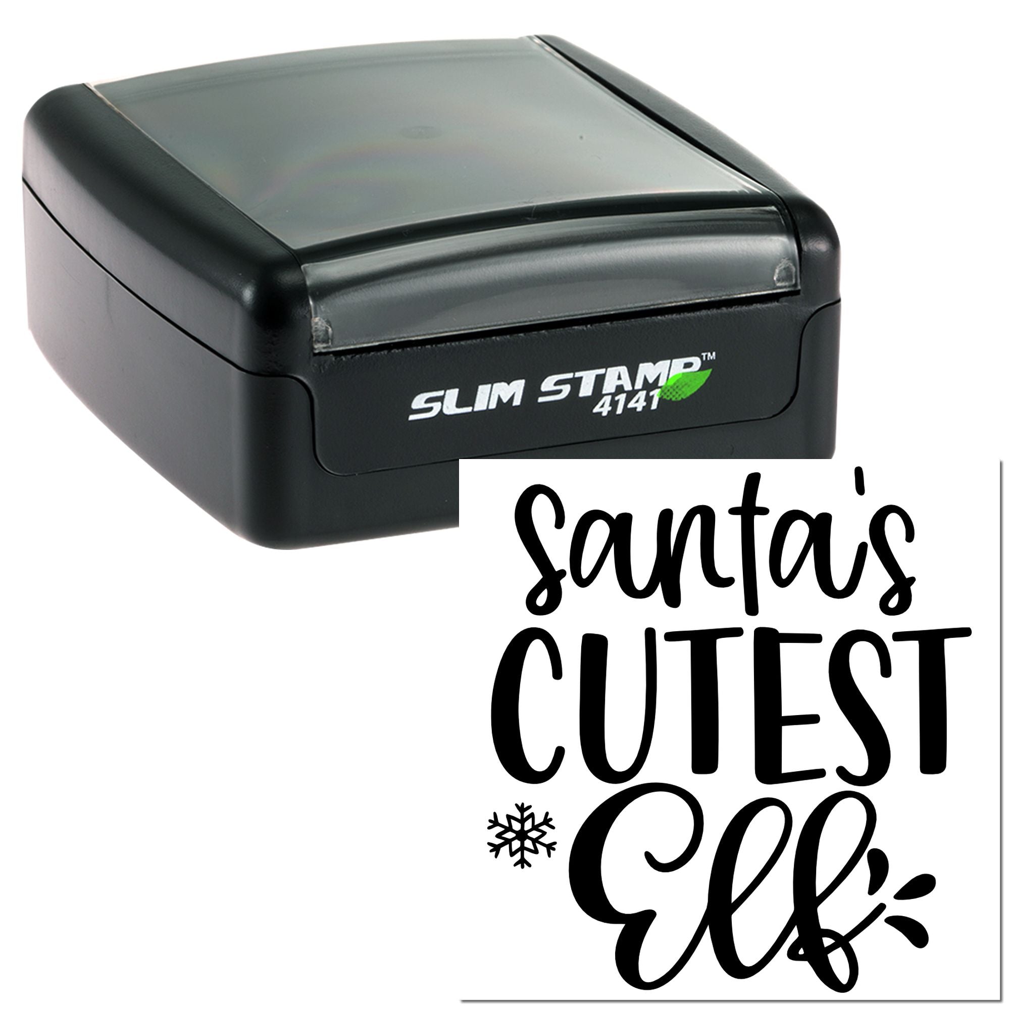 Santas Cutest Elf custom rubber stamp, Slim Stamp 4141 self-inking design for holiday crafts and gift packaging.