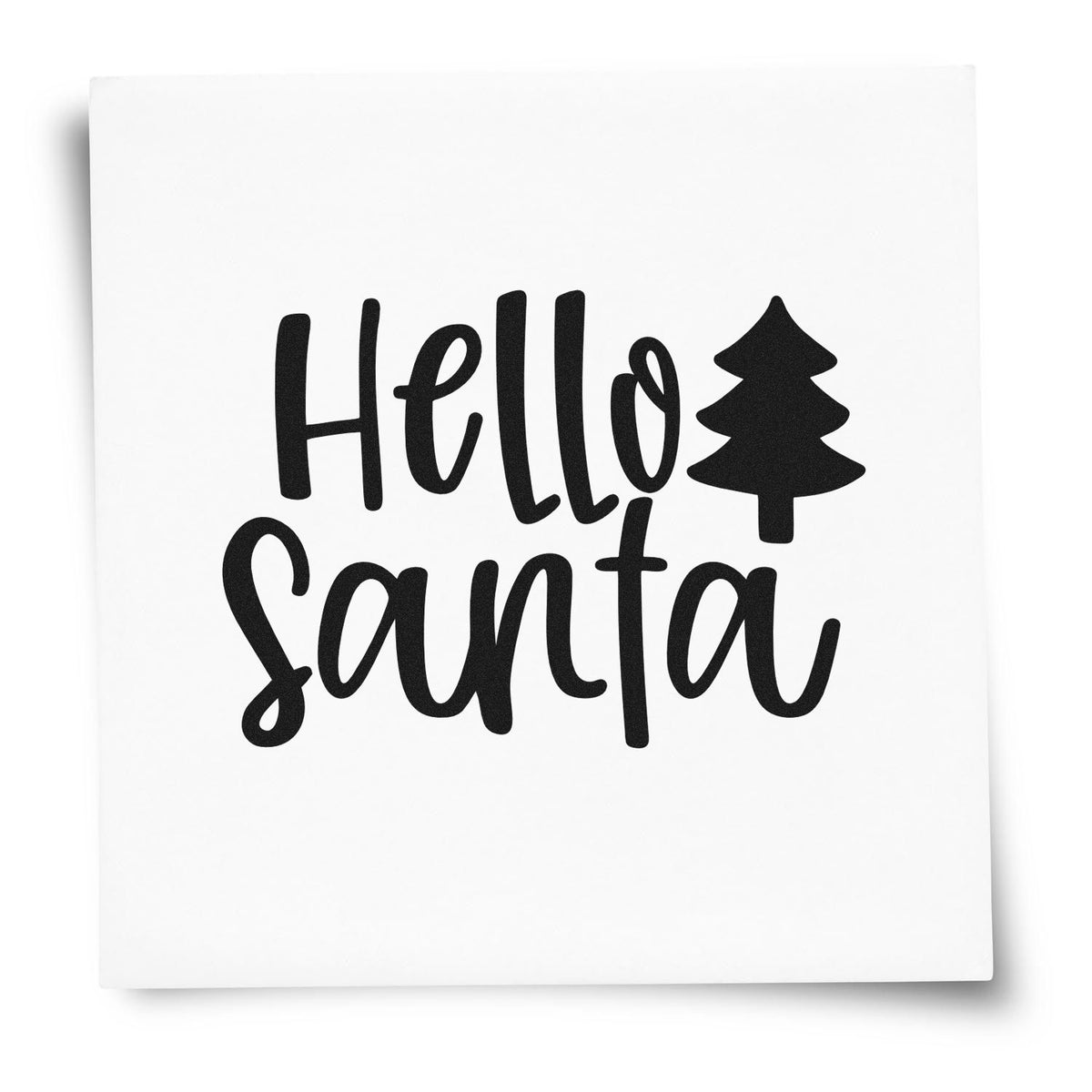 Hello Santa holiday rubber stamp design with Christmas tree icon, perfect for festive cards, crafts, and gift tags.