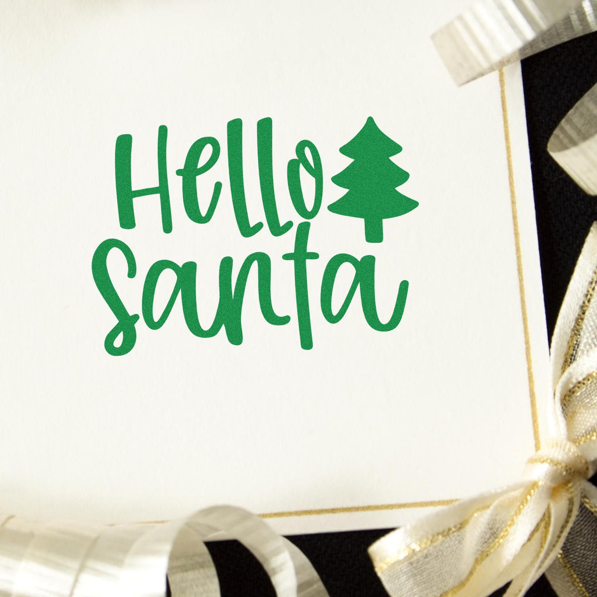 Hello Santa Christmas rubber stamp design for holiday cards with green tree icon