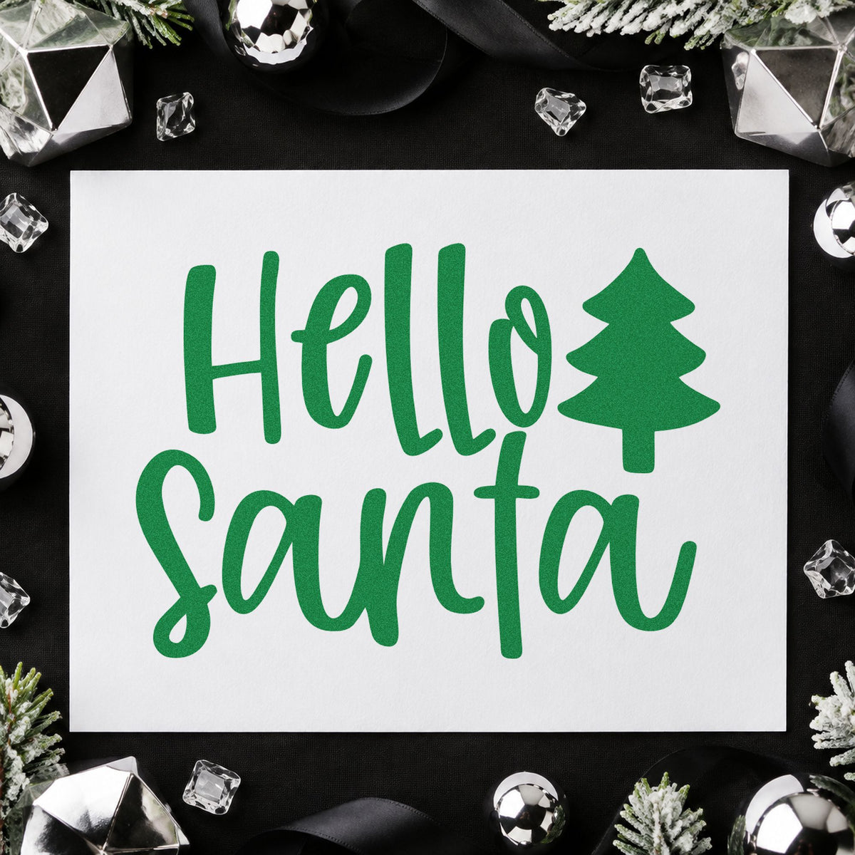 Hello Santa With Tree craft stamp imprint in green ink on a handmade project, one idea being bold shape gift tags.