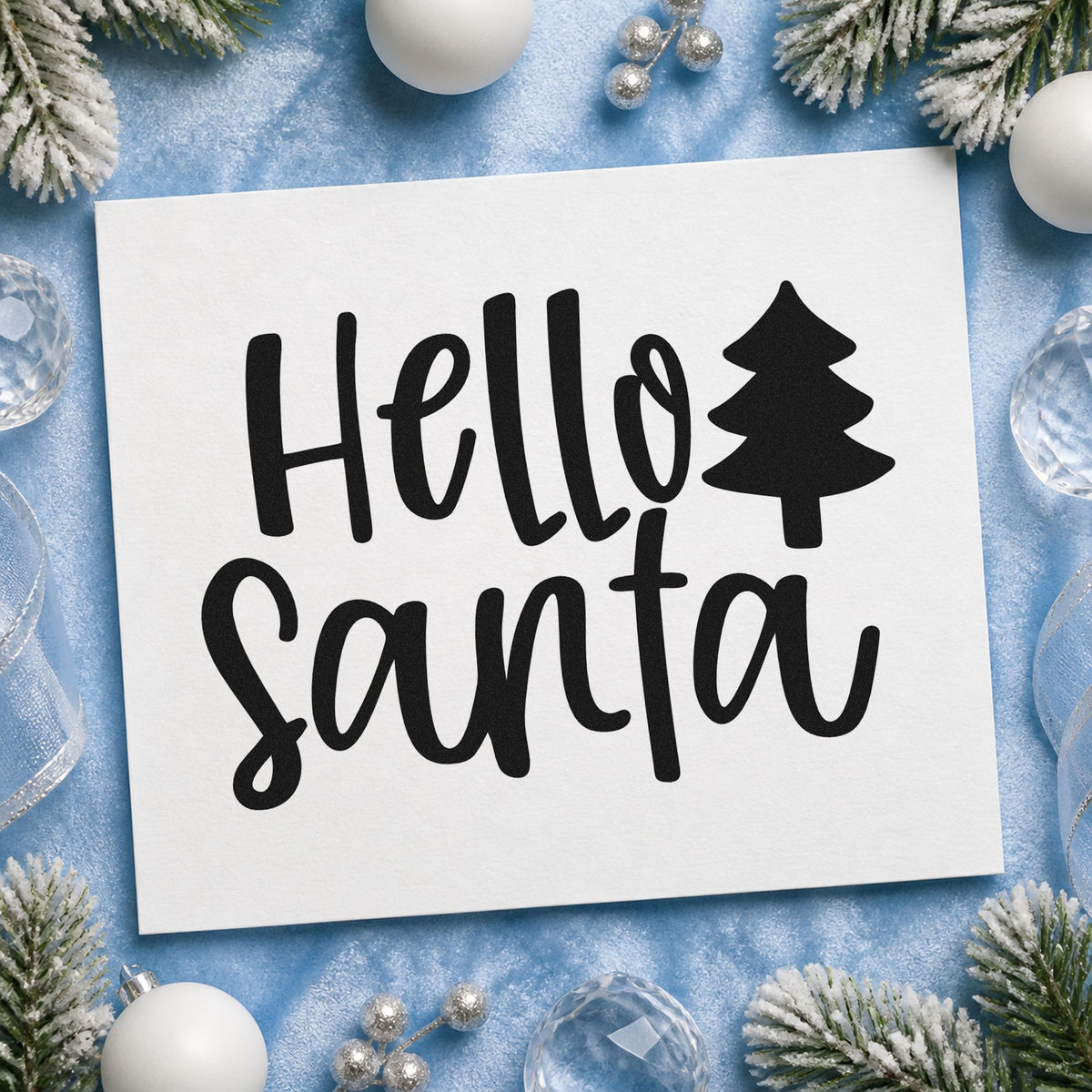 Hello Santa With Tree rubber stamp printed in black ink, ready for solid tree cards and similar paper crafts.