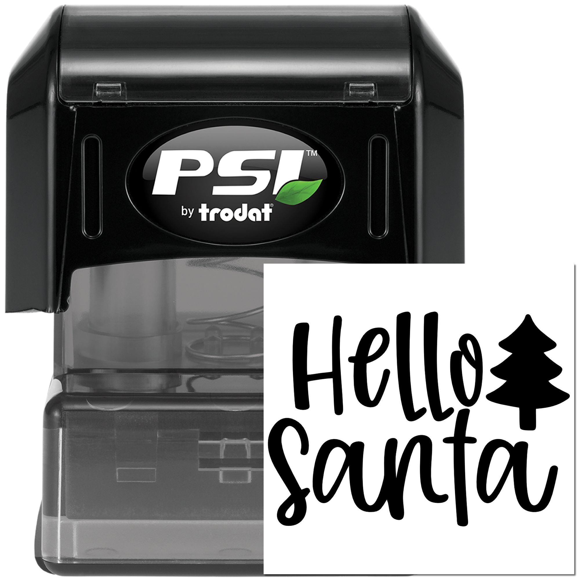 Self-inking Hello Santa rubber stamp with Christmas tree icon for holiday cards, crafts, and gift tags
