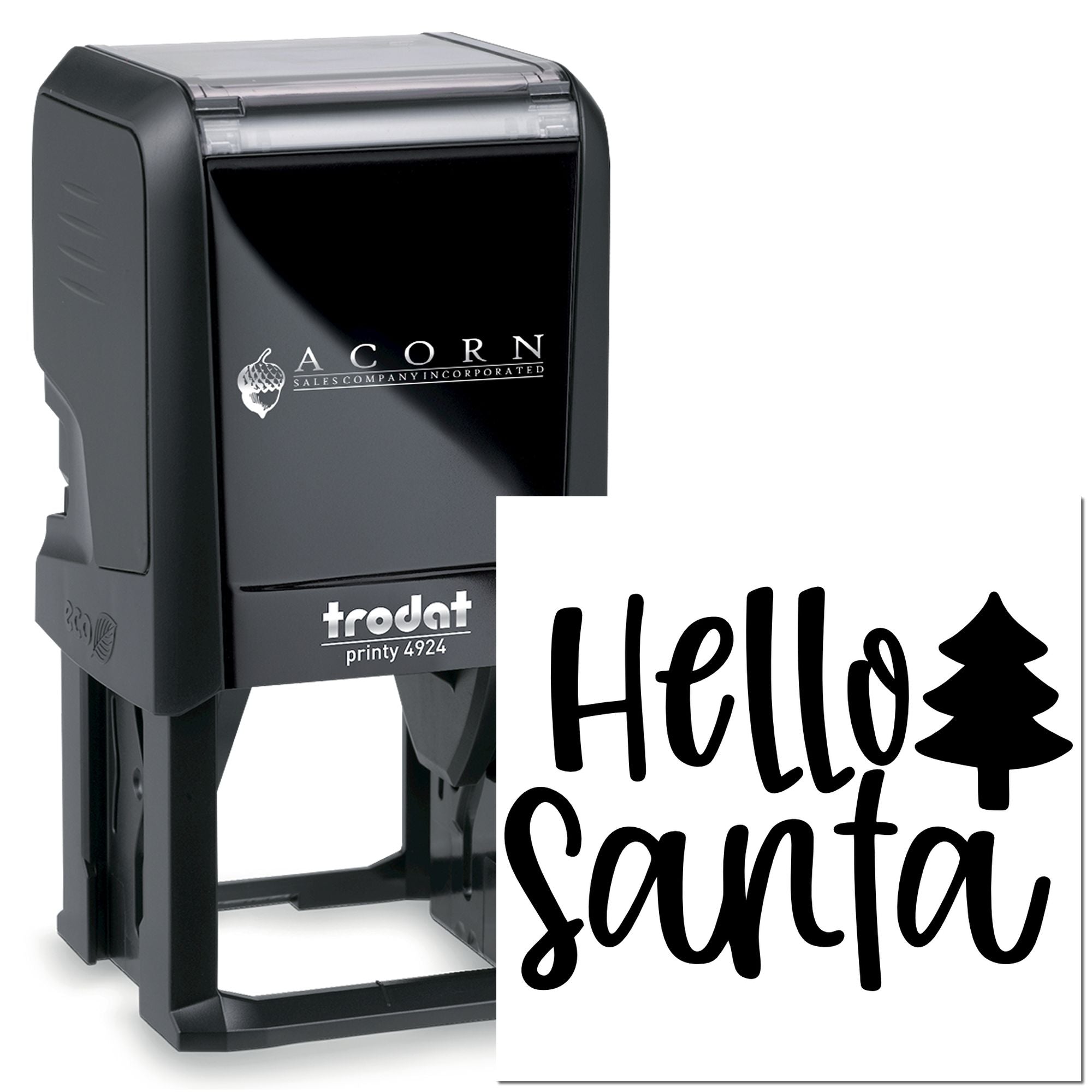 Custom Trodat Printy 4924 self-inking rubber stamp with Hello Santa design and Christmas tree icon for holiday cards.