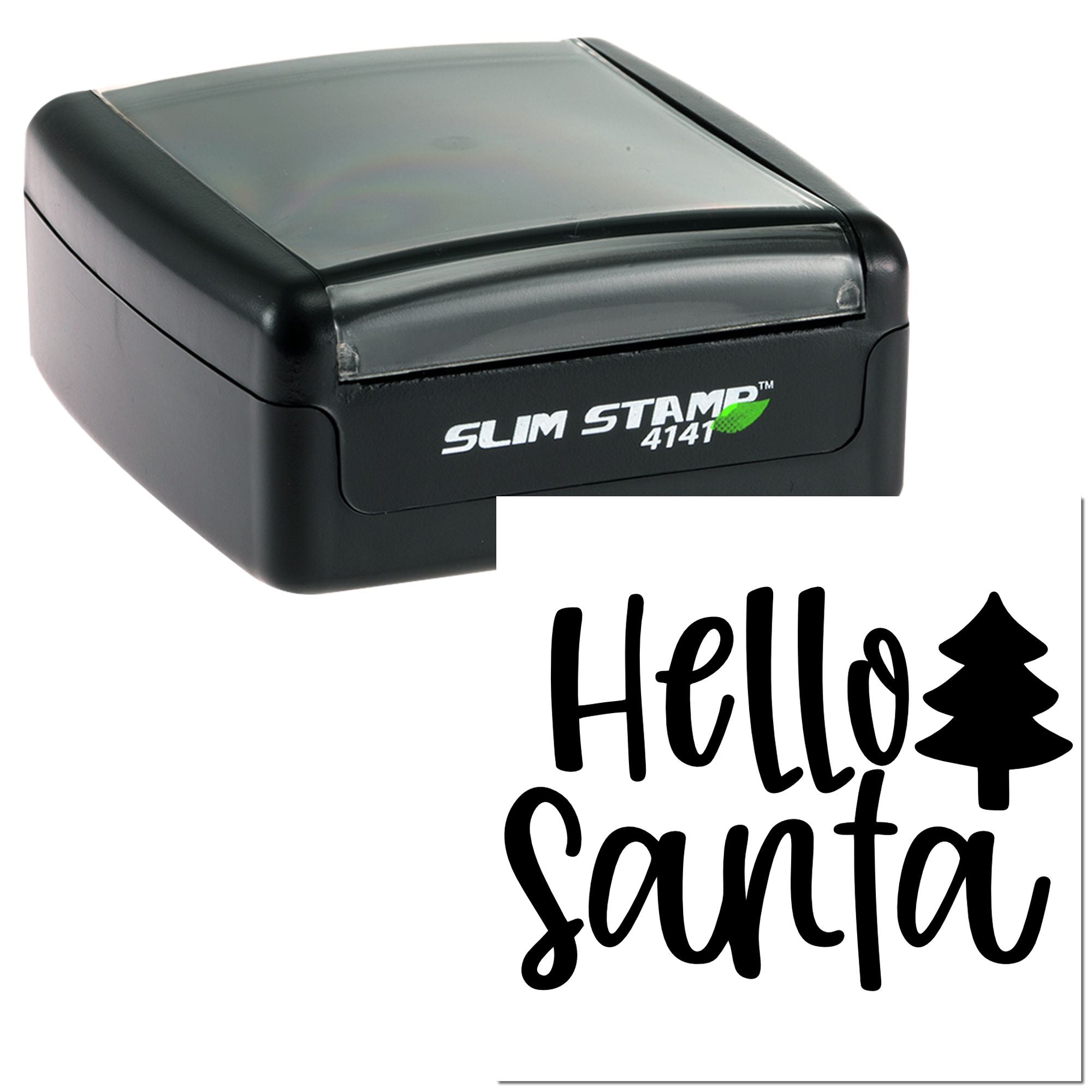 Slim self-inking rubber stamp showing a Hello Santa holiday imprint for festive cards, crafts, and seasonal mail.