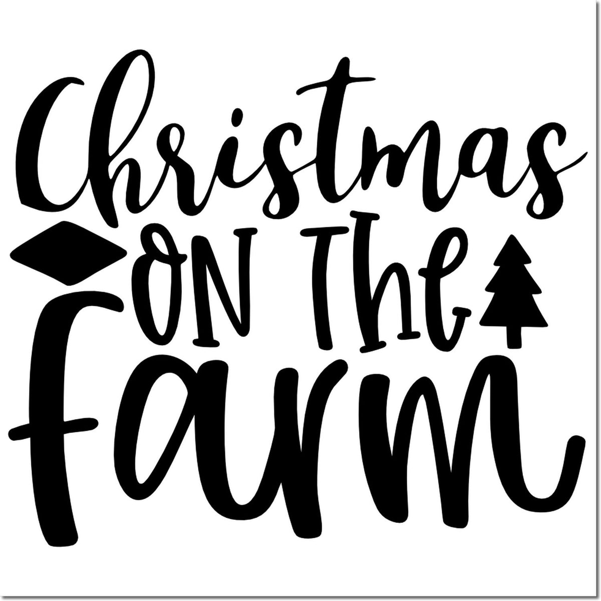 Christmas on the Farm rubber stamp design with festive holiday lettering and tree icon for farmhouse crafts.
