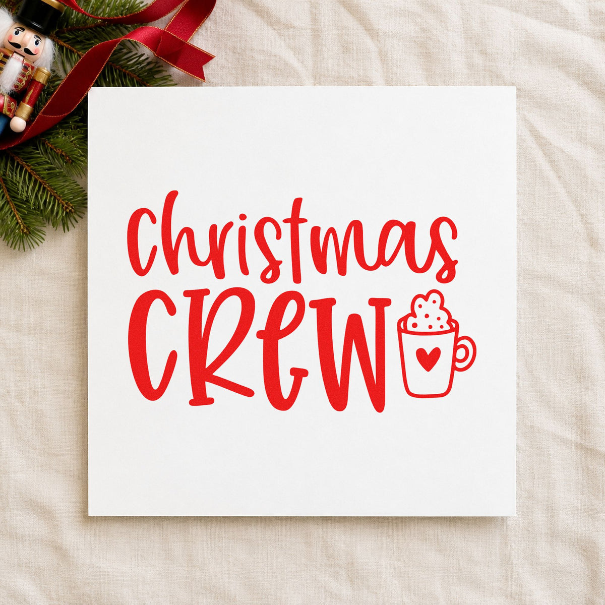 Christmas Crew Cocoa Mug craft stamp in red ink on cardstock, an easy option for blanket corner ink.