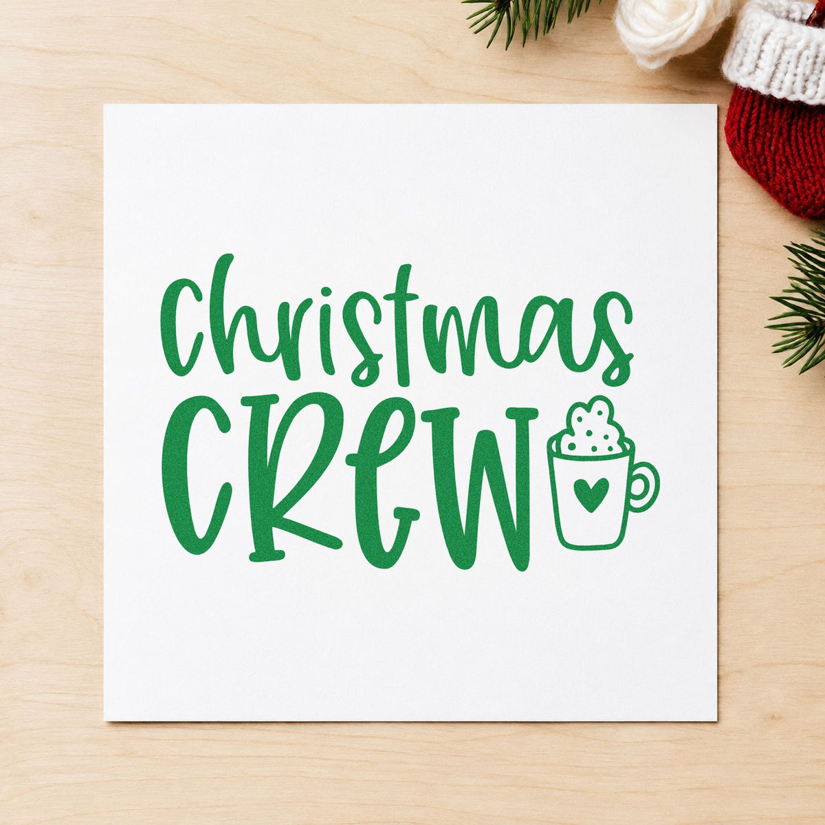 Christmas Crew Cocoa Mug craft stamp imprint in green ink on a handmade project, one idea being cocoa bar placards.