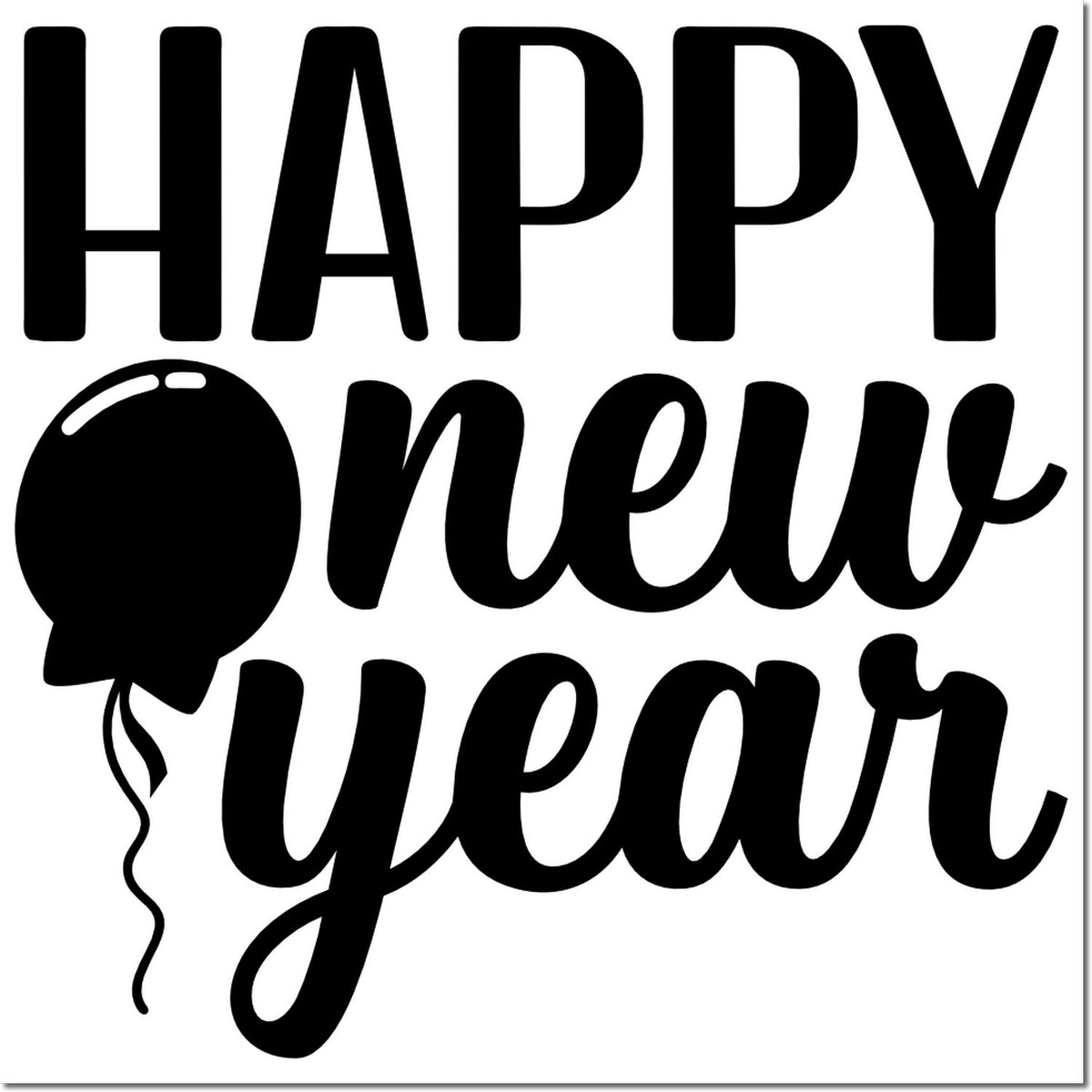Happy New Year rubber stamp design with balloon graphic, bold black lettering for holiday cards, crafts, and party decorations.