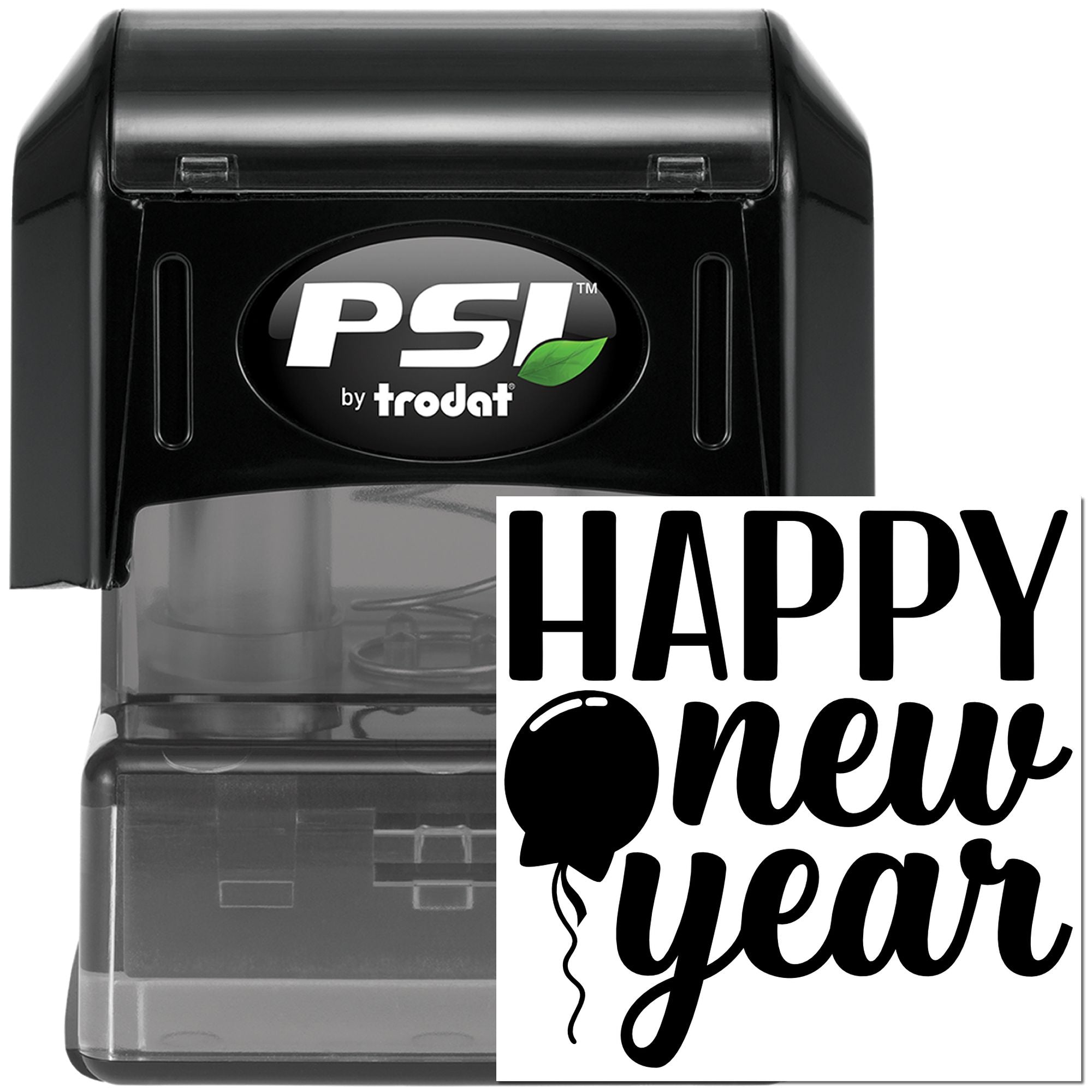 PSI by Trodat self-inking rubber stamp with Happy New Year balloon design for holiday cards and packaging.