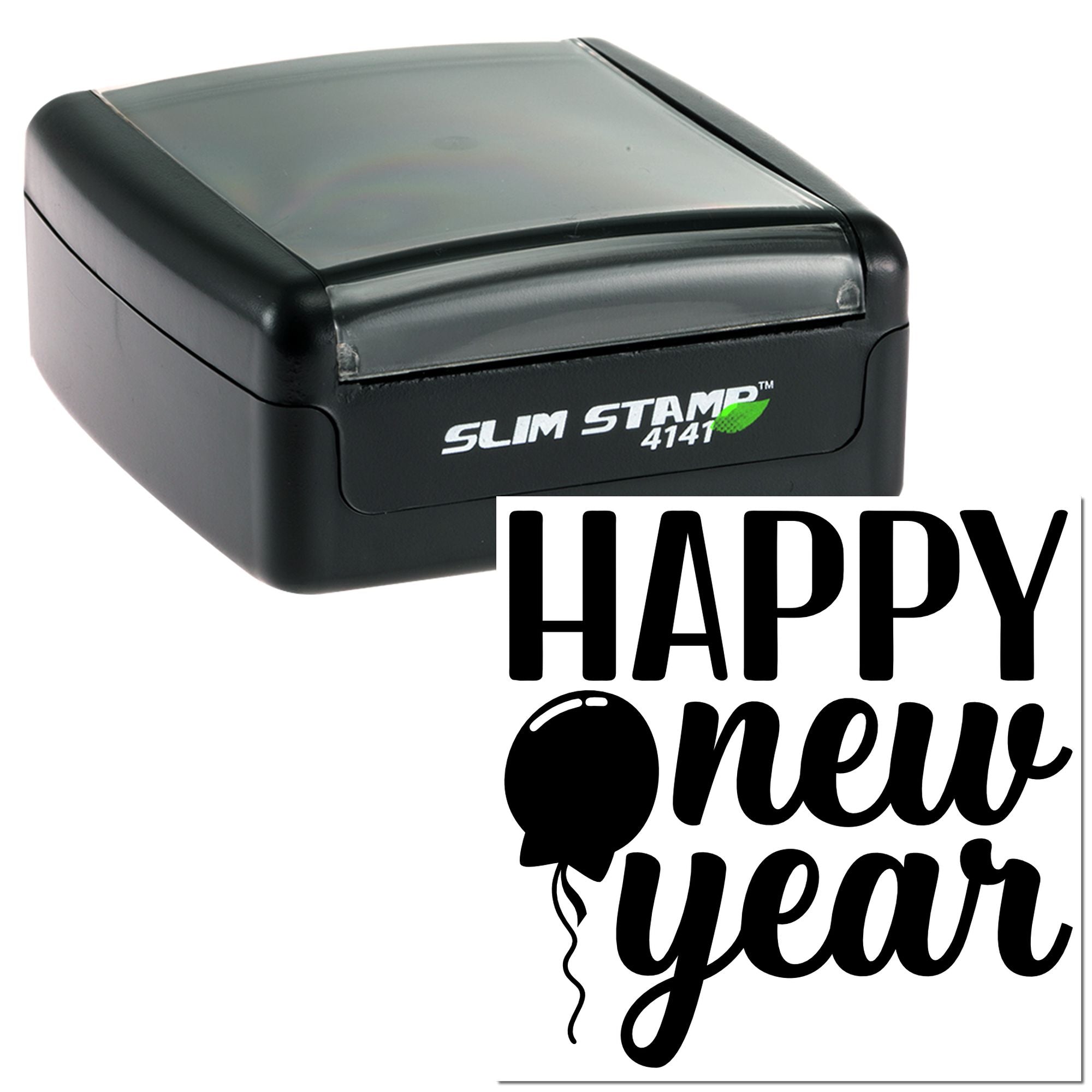 Self-inking rubber stamp with Happy New Year design for holiday cards, gifts, and festive packaging.