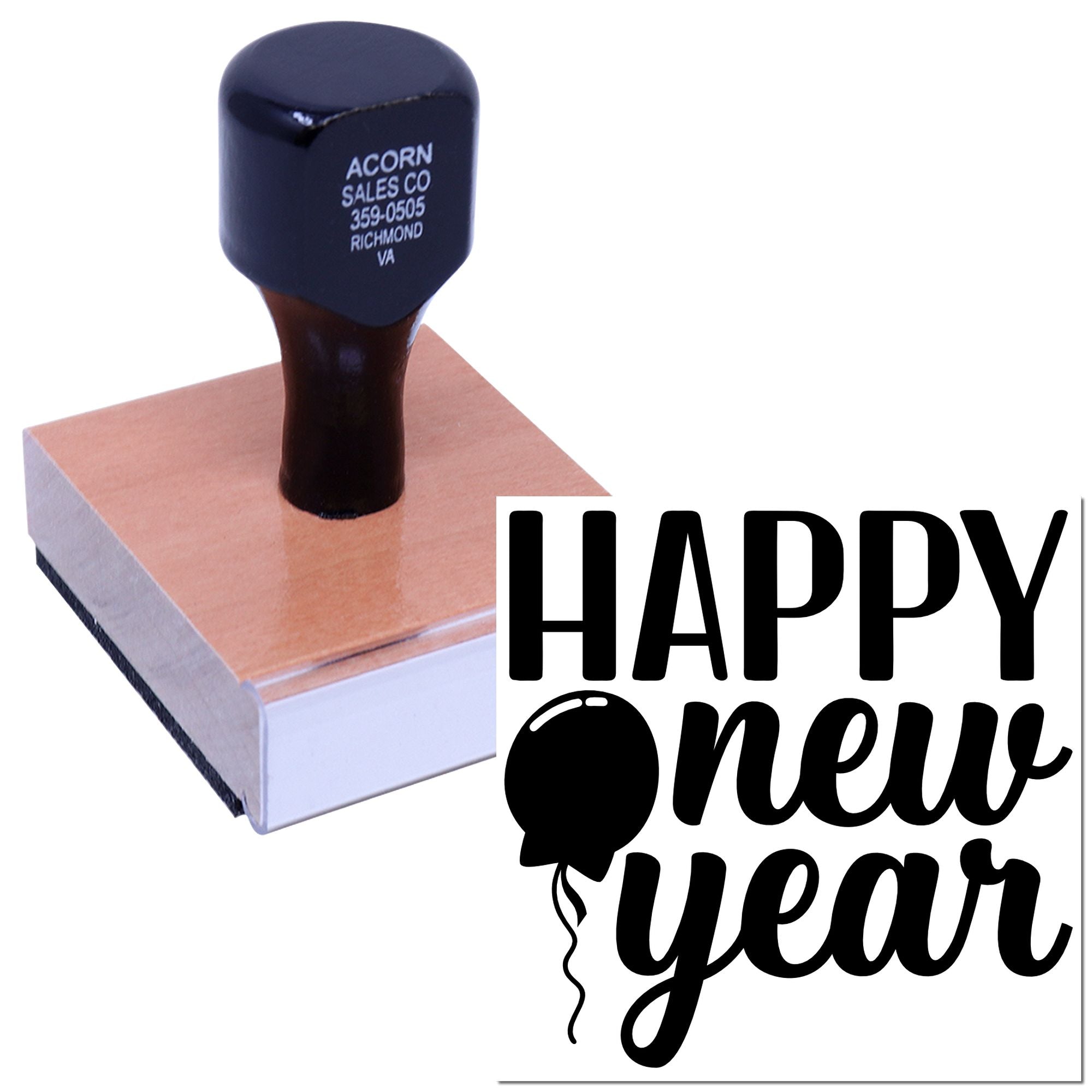 Happy New Year rubber stamp with balloon design for custom holiday cards, party invitations, and festive stationery.