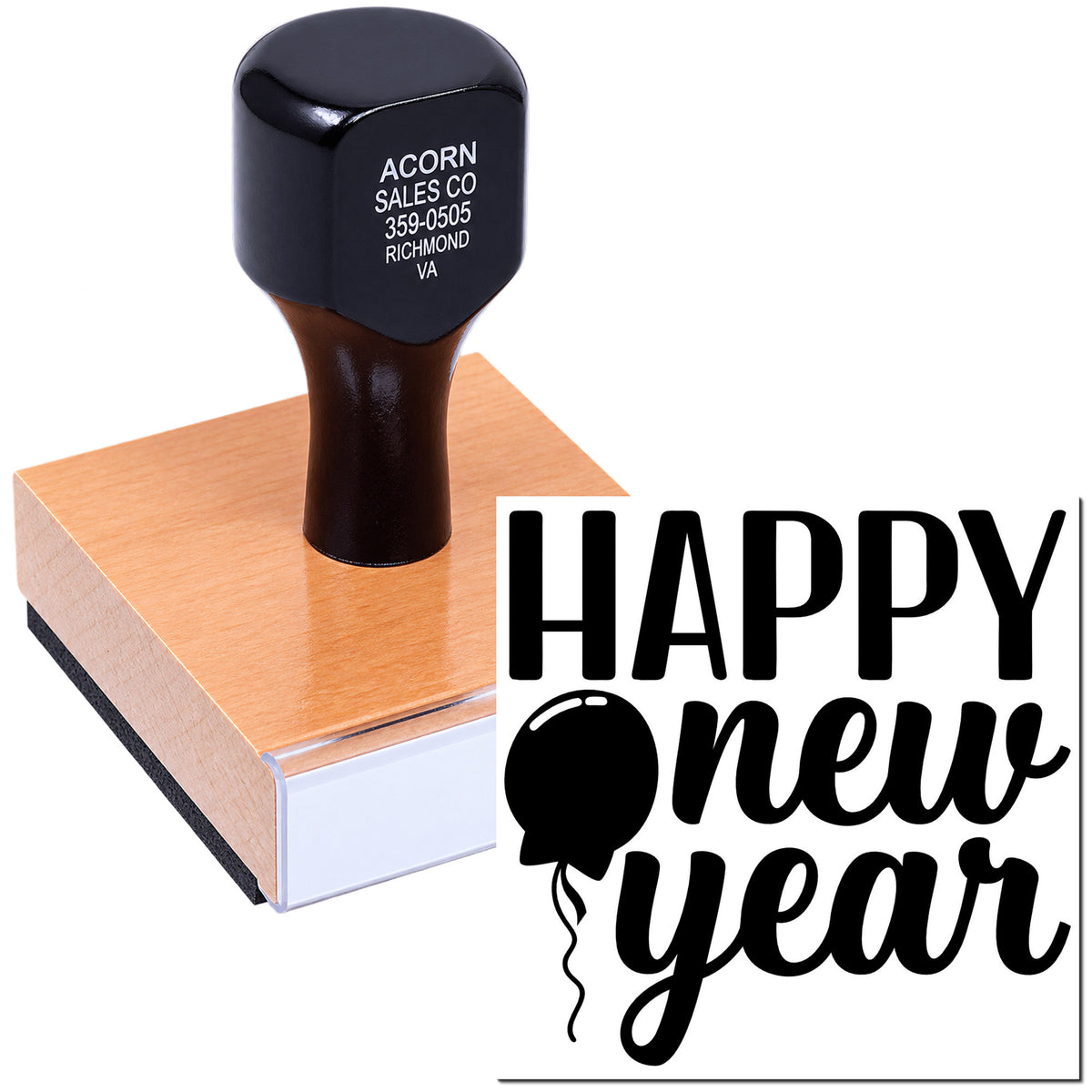 Happy New Year rubber stamp with balloon design for custom holiday cards, party invitations, and festive stationery.