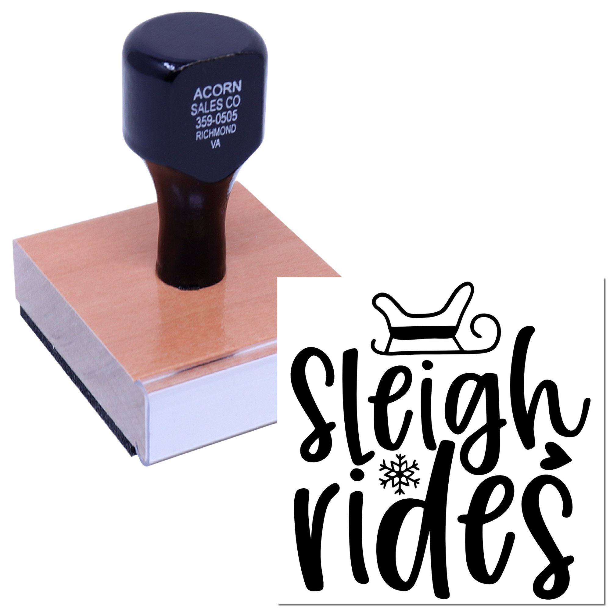 Custom rubber stamp with Sleigh Rides logo and business address for holiday promotions.