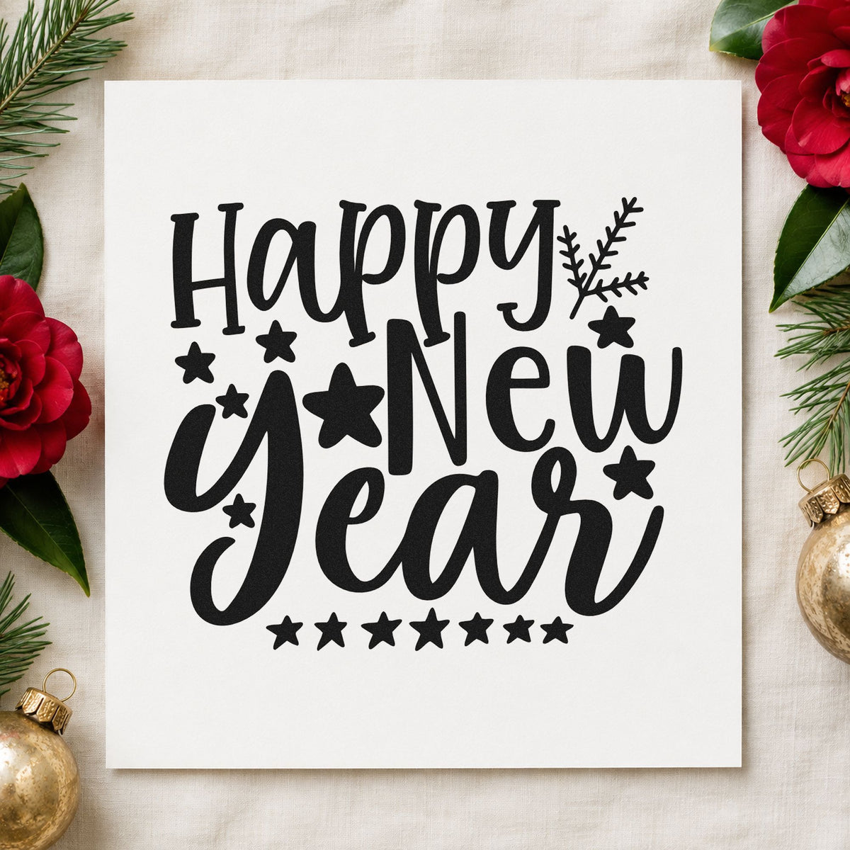 Happy New Year Stars rubber stamp printed in black ink, ready for starry greeting cards and similar paper crafts.