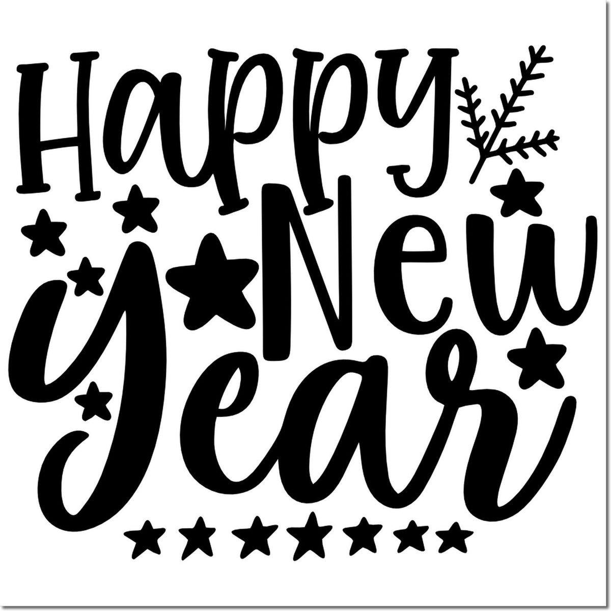 Happy New Year rubber stamp design with stars and snowflake accents for holiday cards, scrapbooking, and festive crafts.
