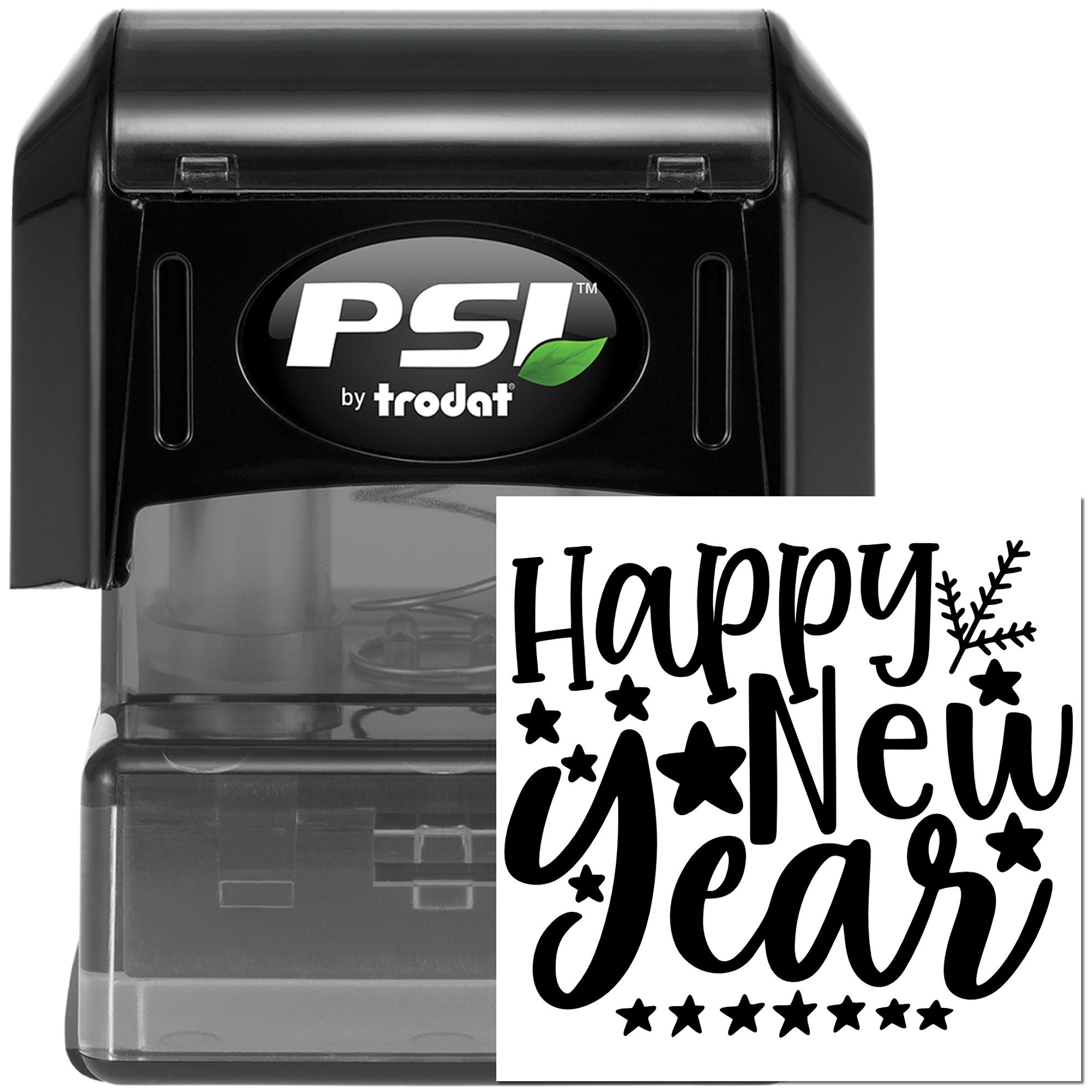 Happy New Year self-inking rubber stamp by PSI Trodat, ideal for holiday greeting cards, packaging, and festive business mailings.