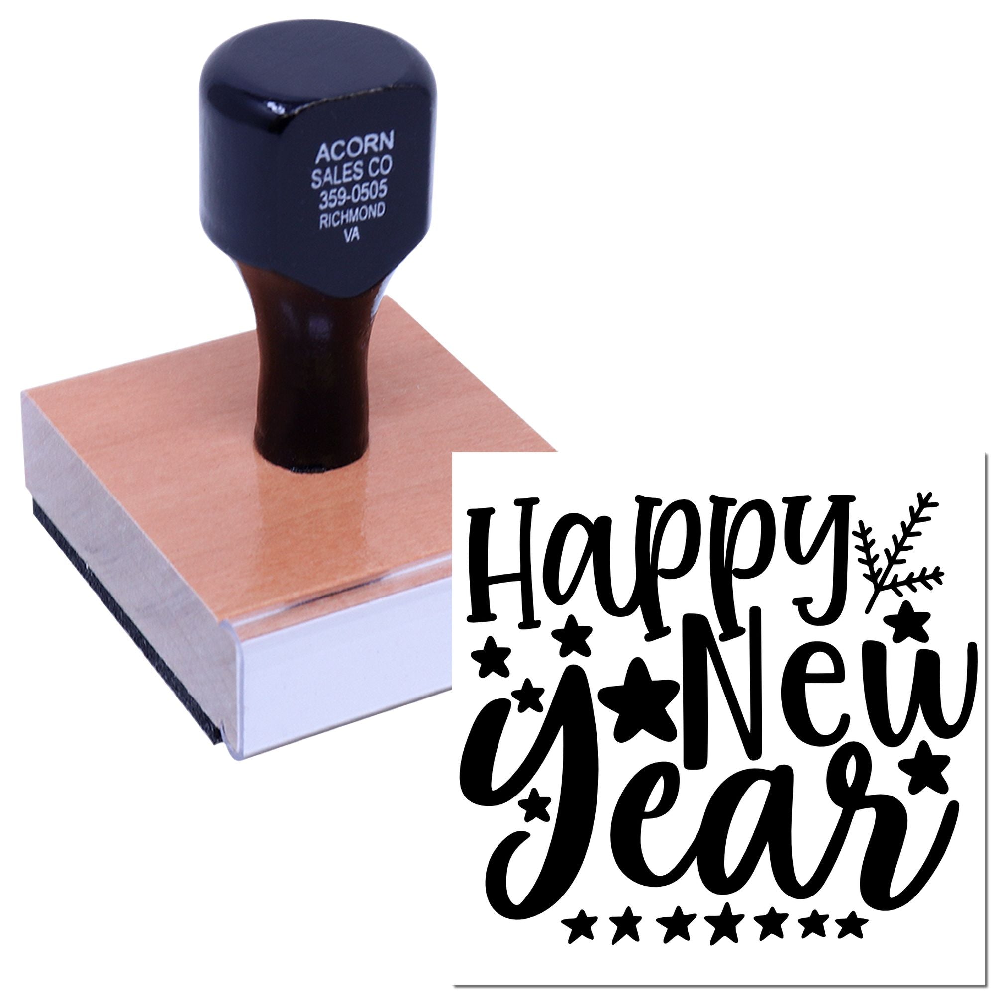 Happy New Year rubber stamp with decorative lettering, shown on a wooden stamp block for holiday card making.