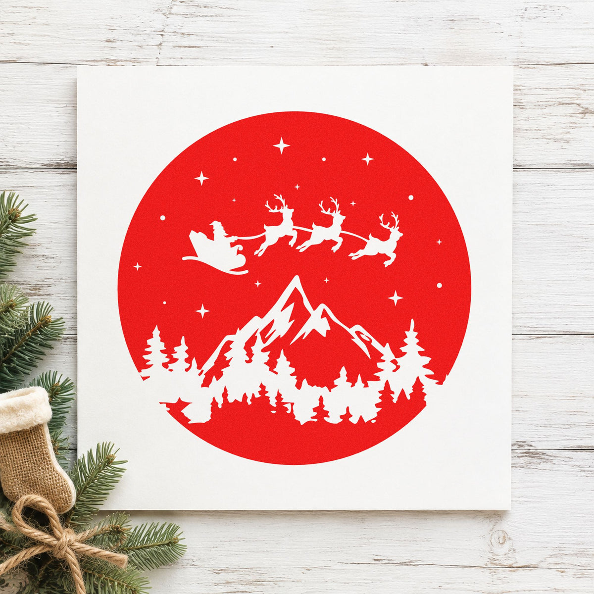 Santa Sleigh Mountain Night rubber stamp shown in red ink, stamped for projects such as tin top labels.