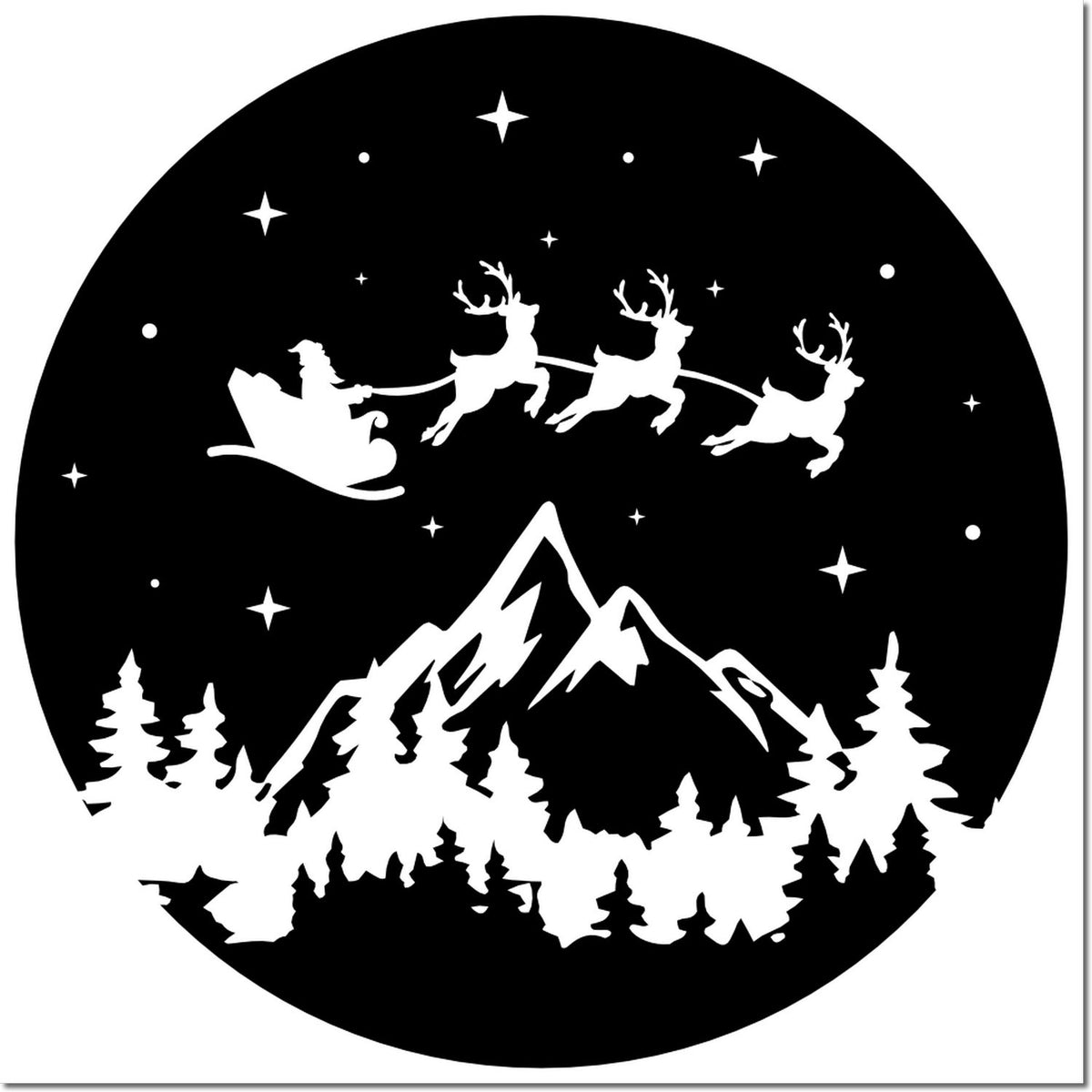 Christmas rubber stamp design with Santa sleigh and reindeer over snowy mountains, pine trees, and starry night sky.