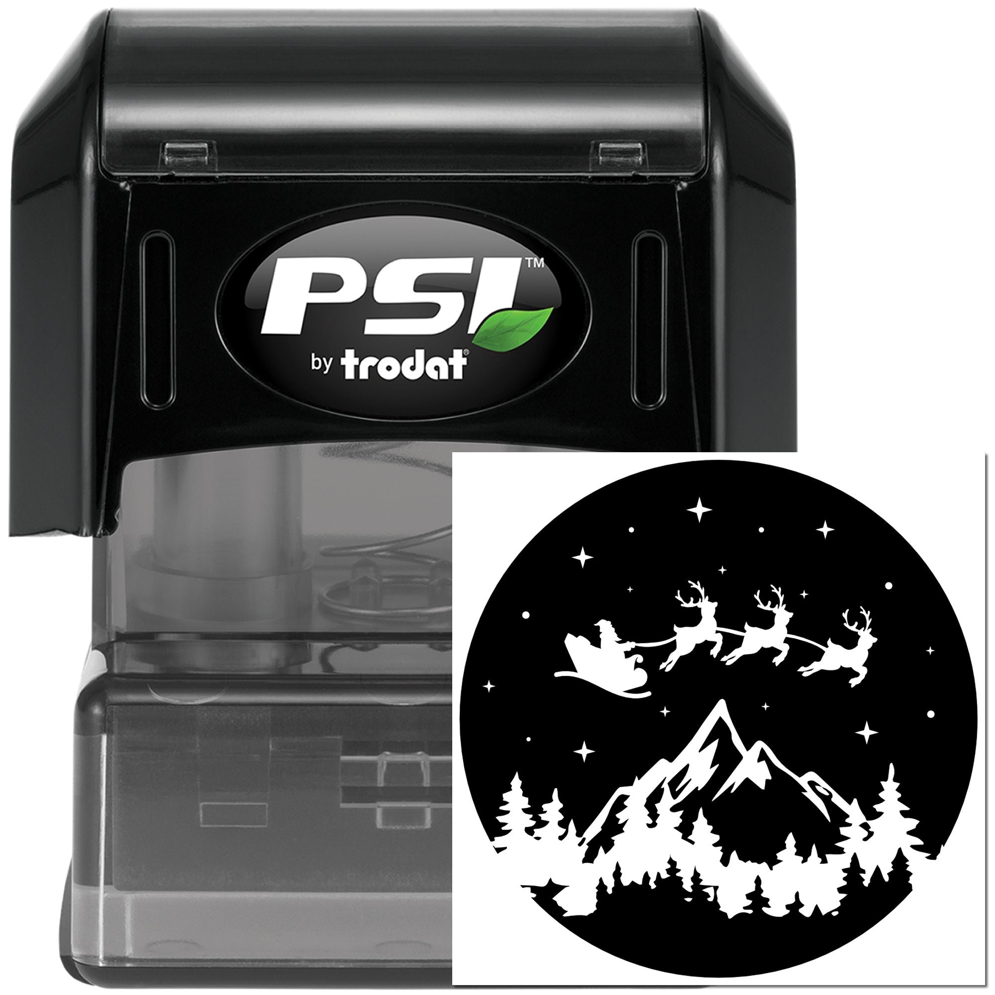 PSI by Trodat self-inking rubber stamp with Christmas sleigh, reindeer, and mountain design for holiday stamping.