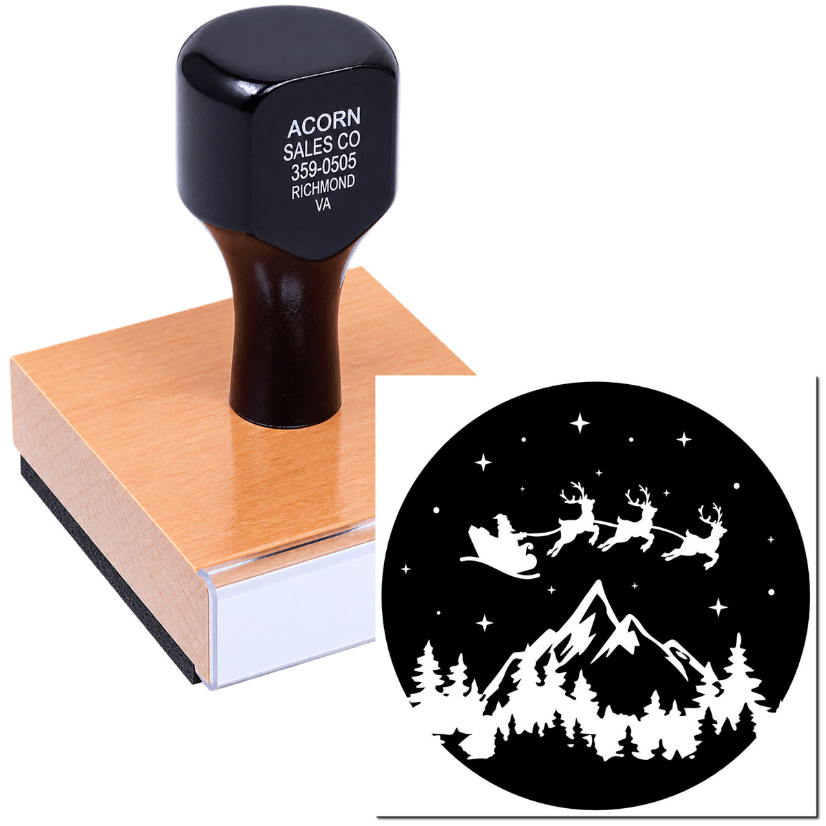 Custom rubber stamp featuring Santa sleigh, reindeer, mountains and pine trees for holiday cards, crafts and branding.
