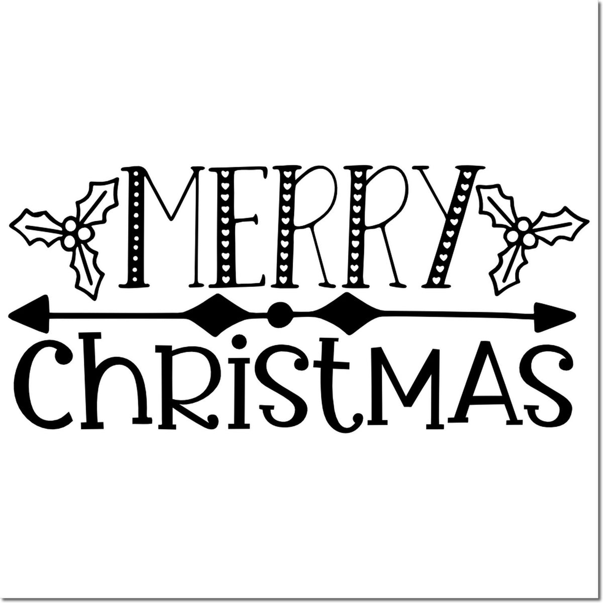 Merry Christmas rubber stamp design with holly accents and decorative divider for holiday cards and crafts